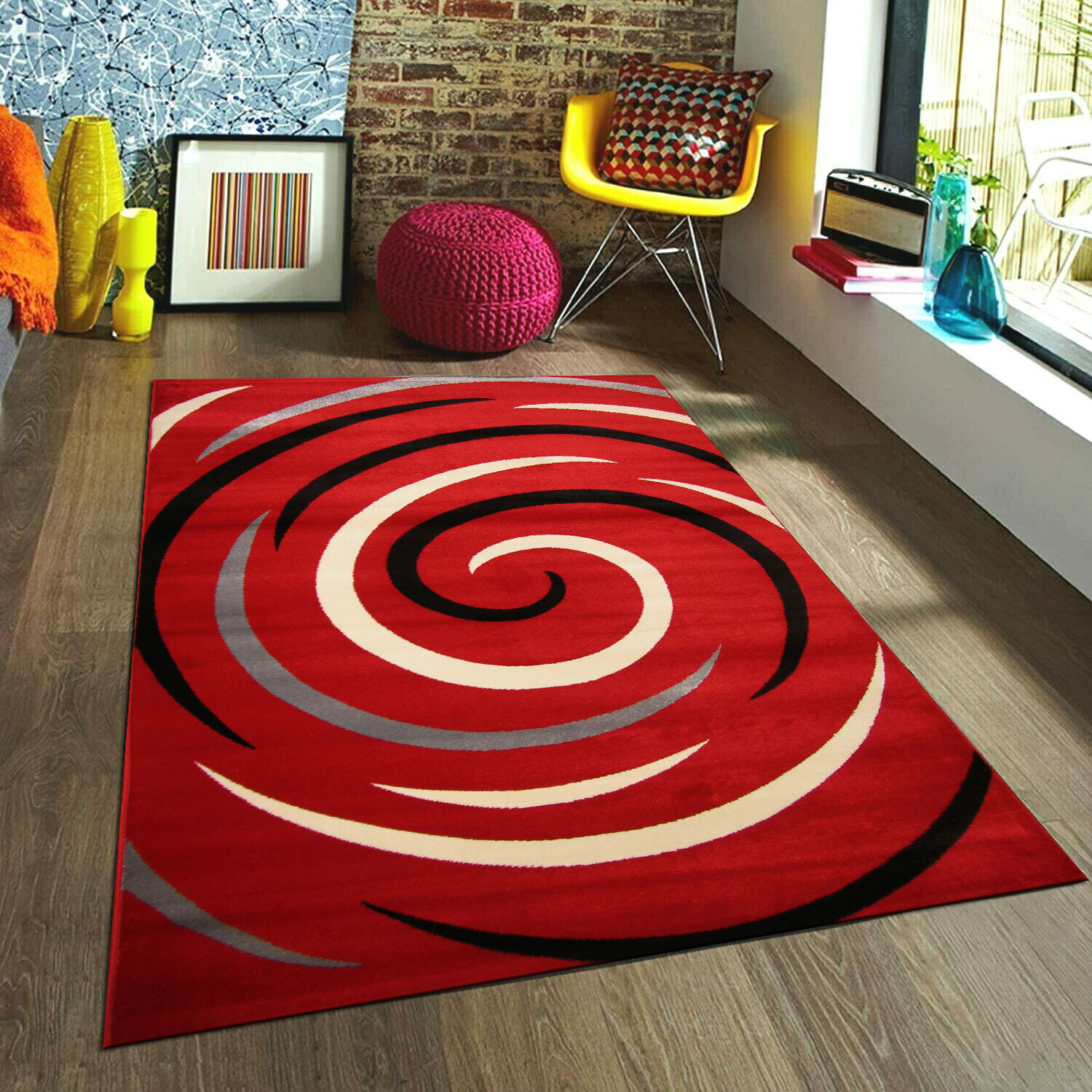 Large View Sky Modern Red Swirl Pattern Rug