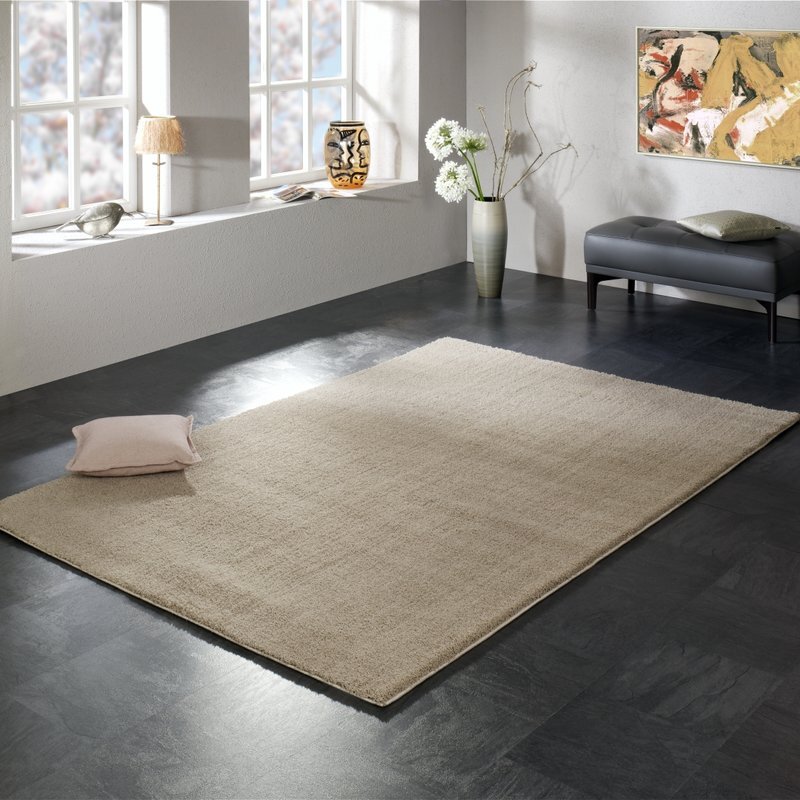 Large View Silky Plain Beige Thick Shaggy Rug