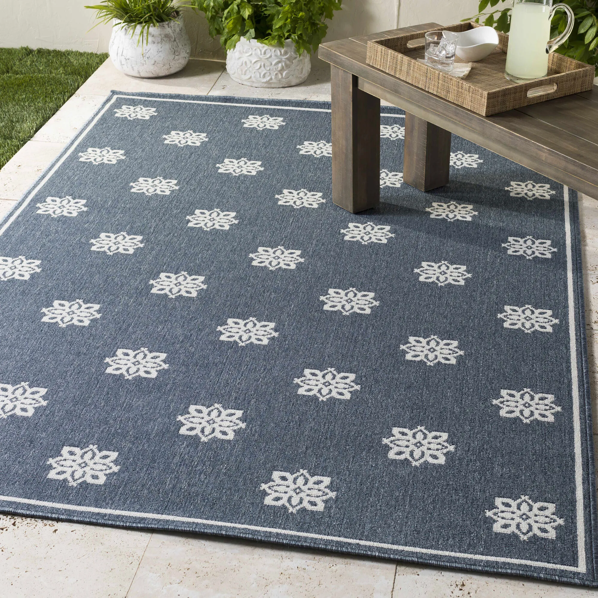 Large View Ambient Navy Floral Outdoor Rug