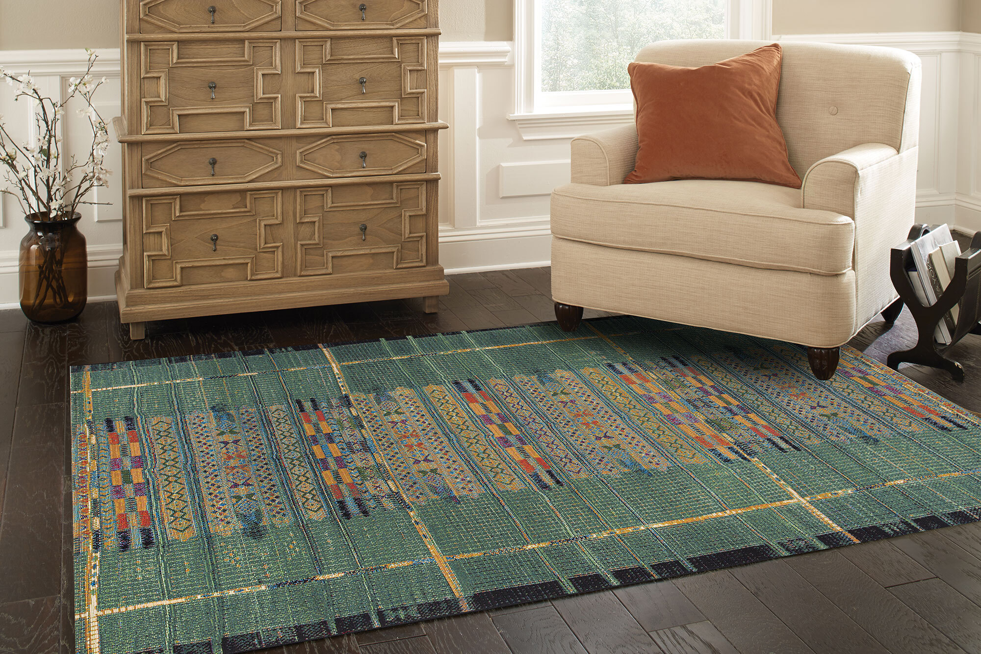 Large View Aperto Green Tribal Pattern Rug