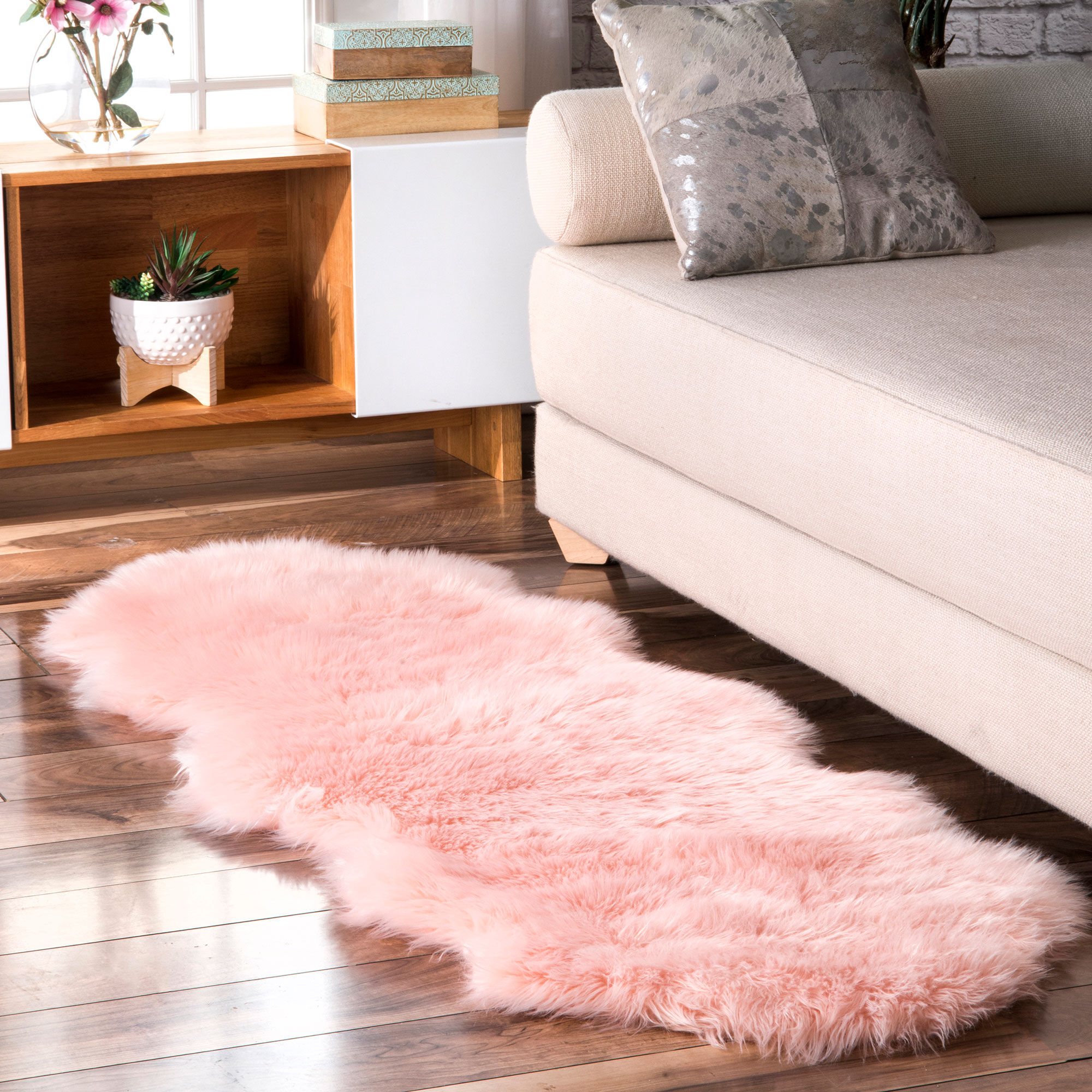 Large View Fluffy Pink Fur Faux Sheepskin Rug