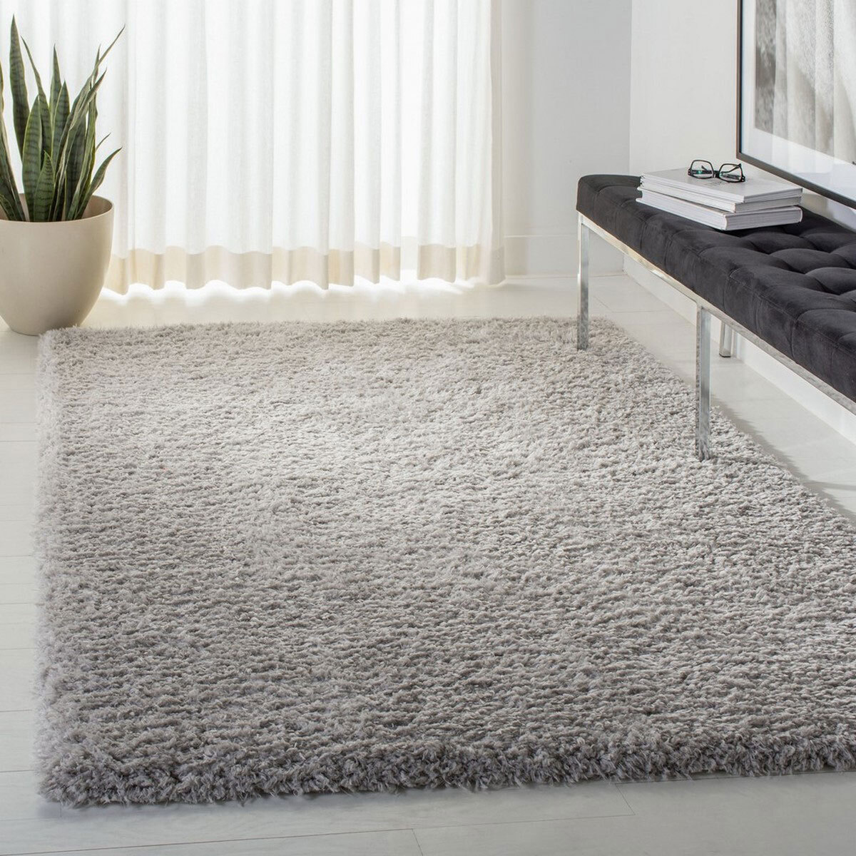Large View Havana Plain Light Grey Shag Rug