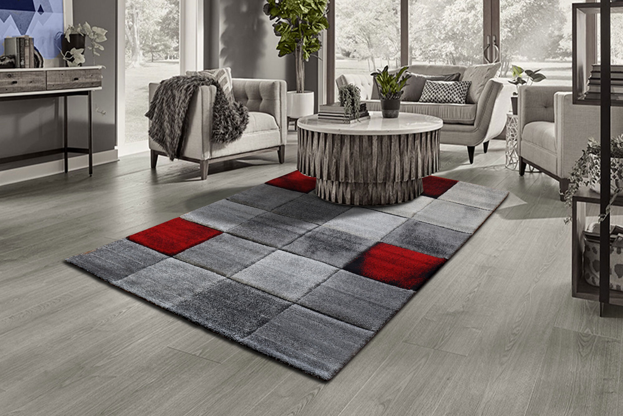 Large View Lucia Red Square Pattern Rug