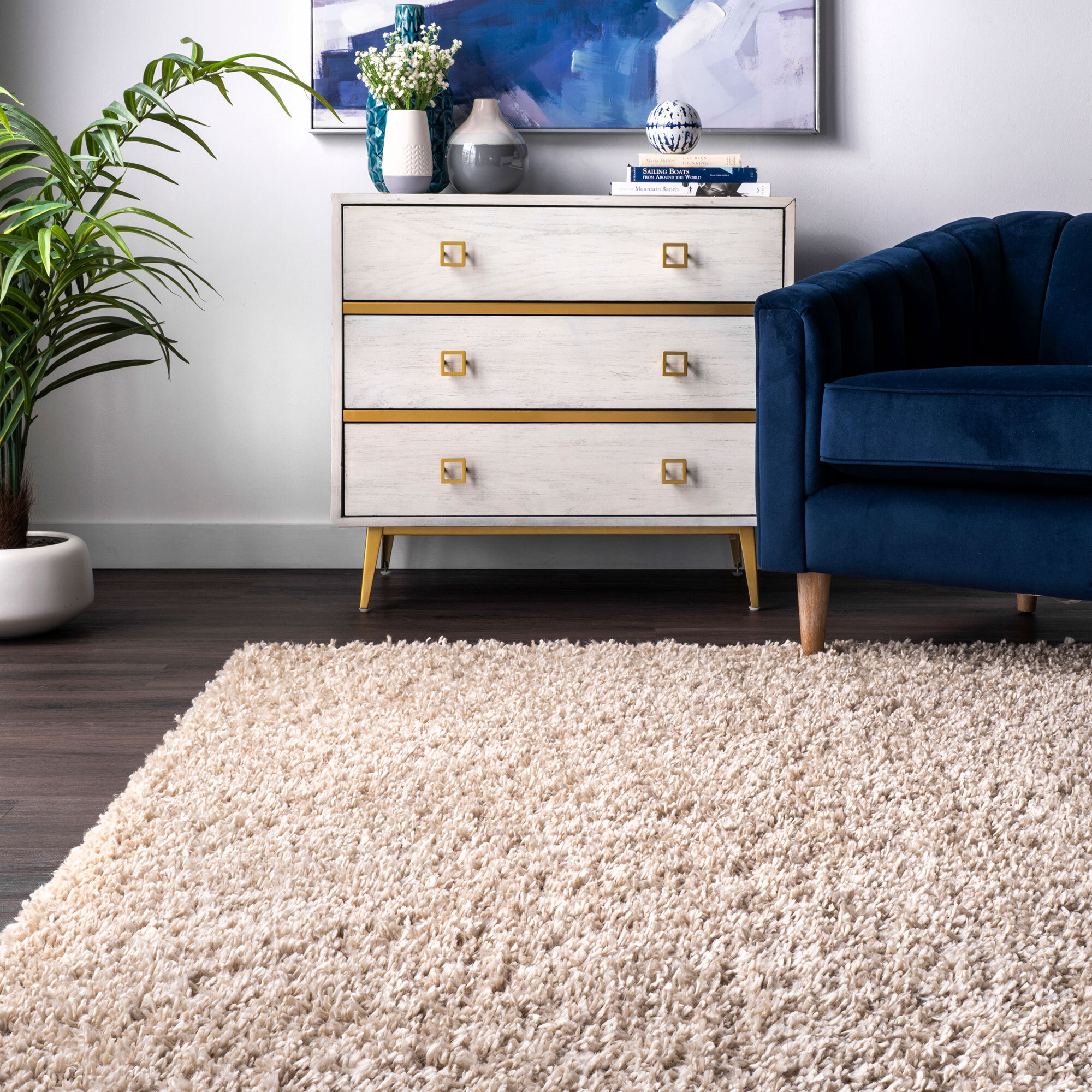 Large View Luis Plain Beige Shaggy Rug