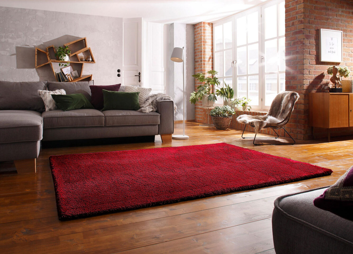 Large View Levis Plain Red Thick Shaggy Rug