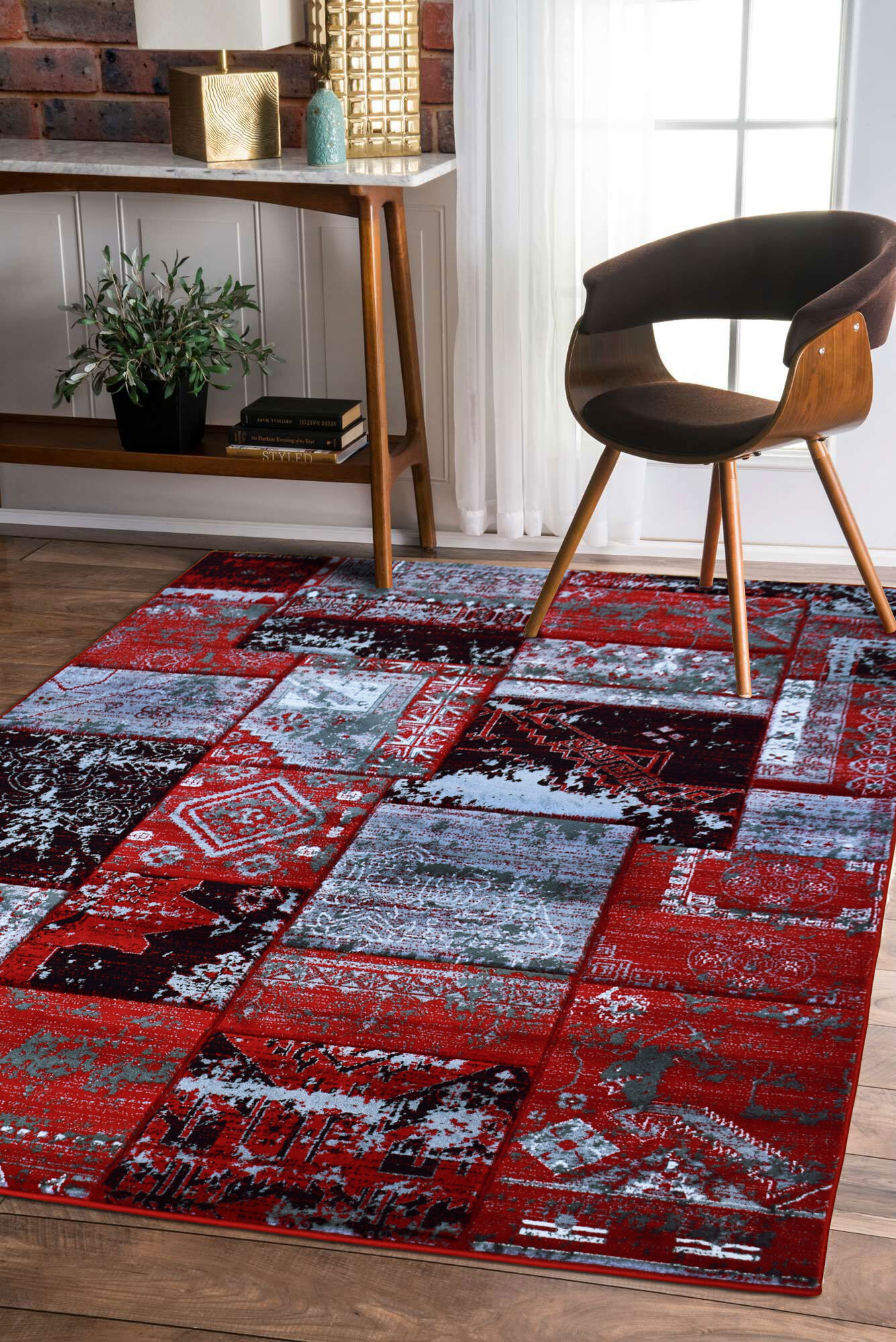 Large View Paris Carved Red Patchwork Rug