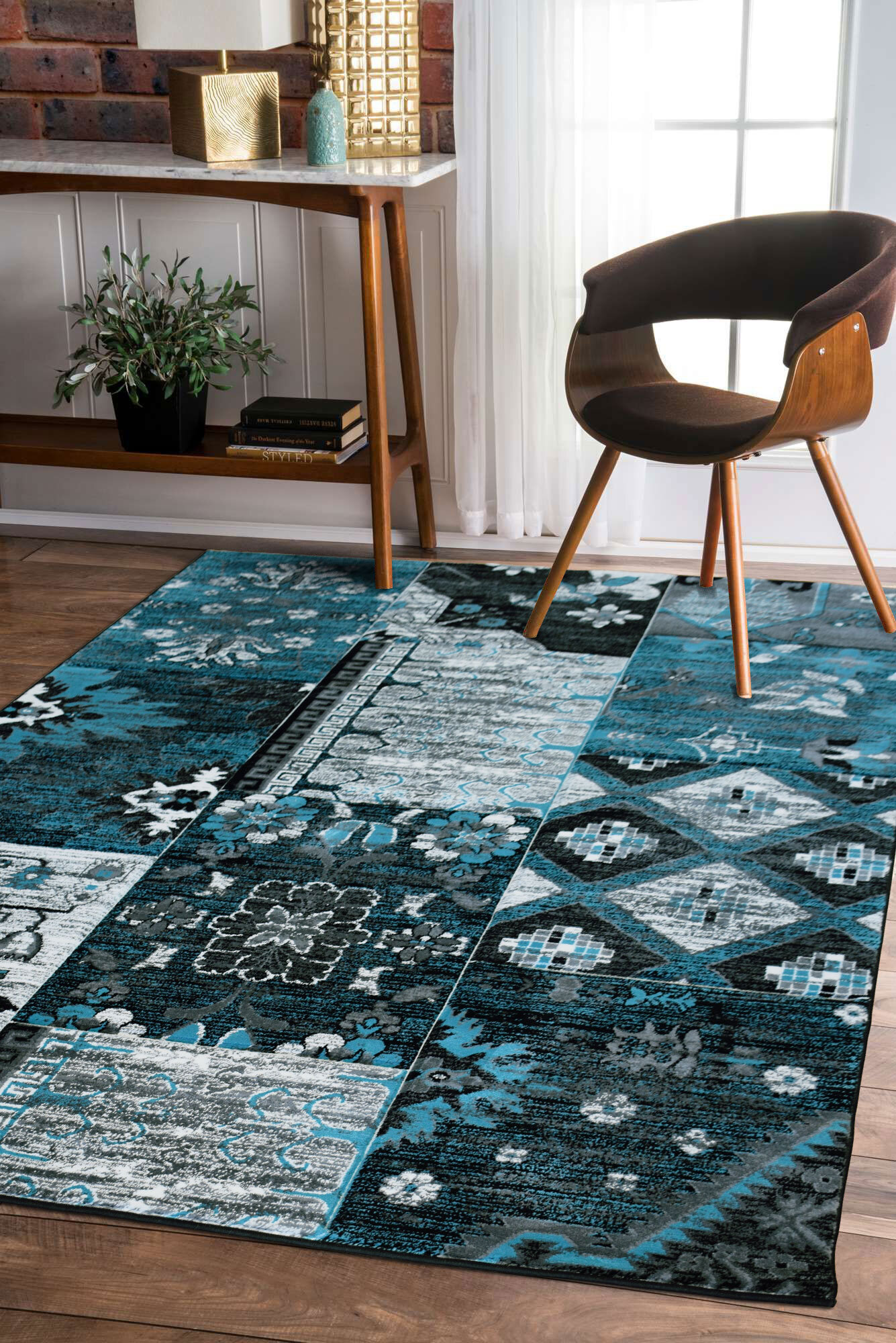 Large View Paris Carved Blue Patchwork Rug