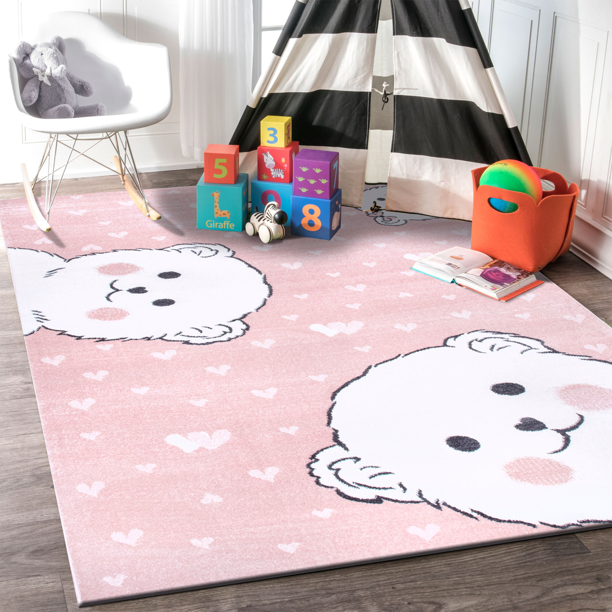 Large View Poppy Pink Teddy Bear Kids Rug