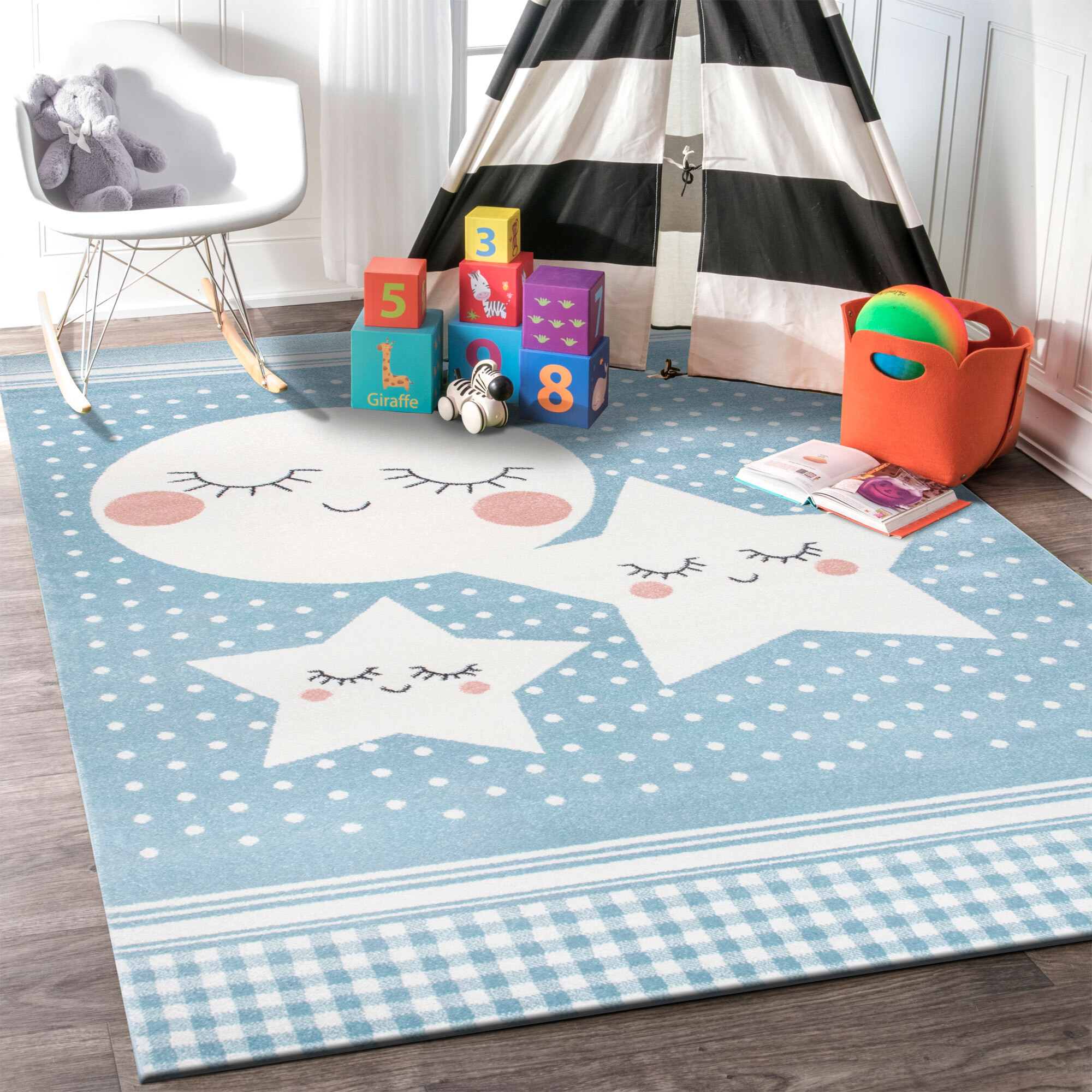 Poppy Moon & Stars Blue Kids Rug