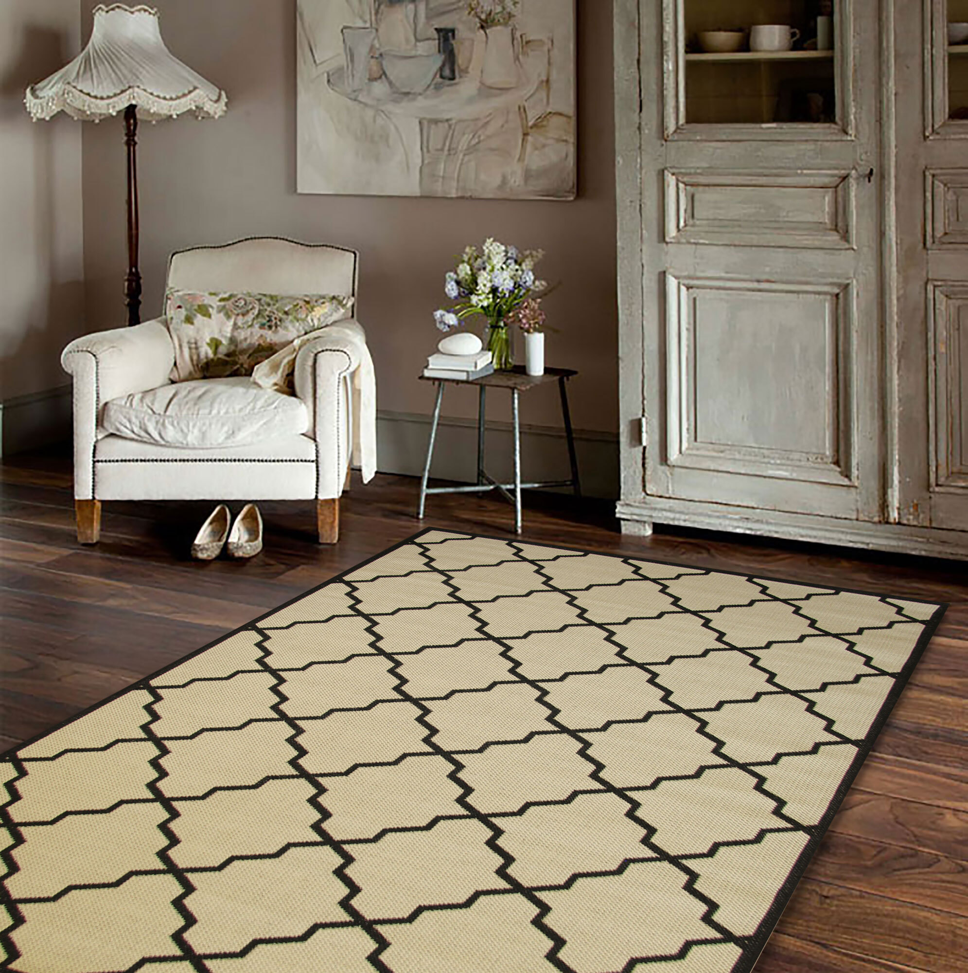 Large View Storm Ivory Trellis Flatweave Rug