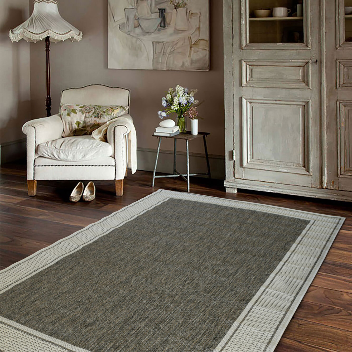 Large View Soleil Ivory Border Flatweave Rug