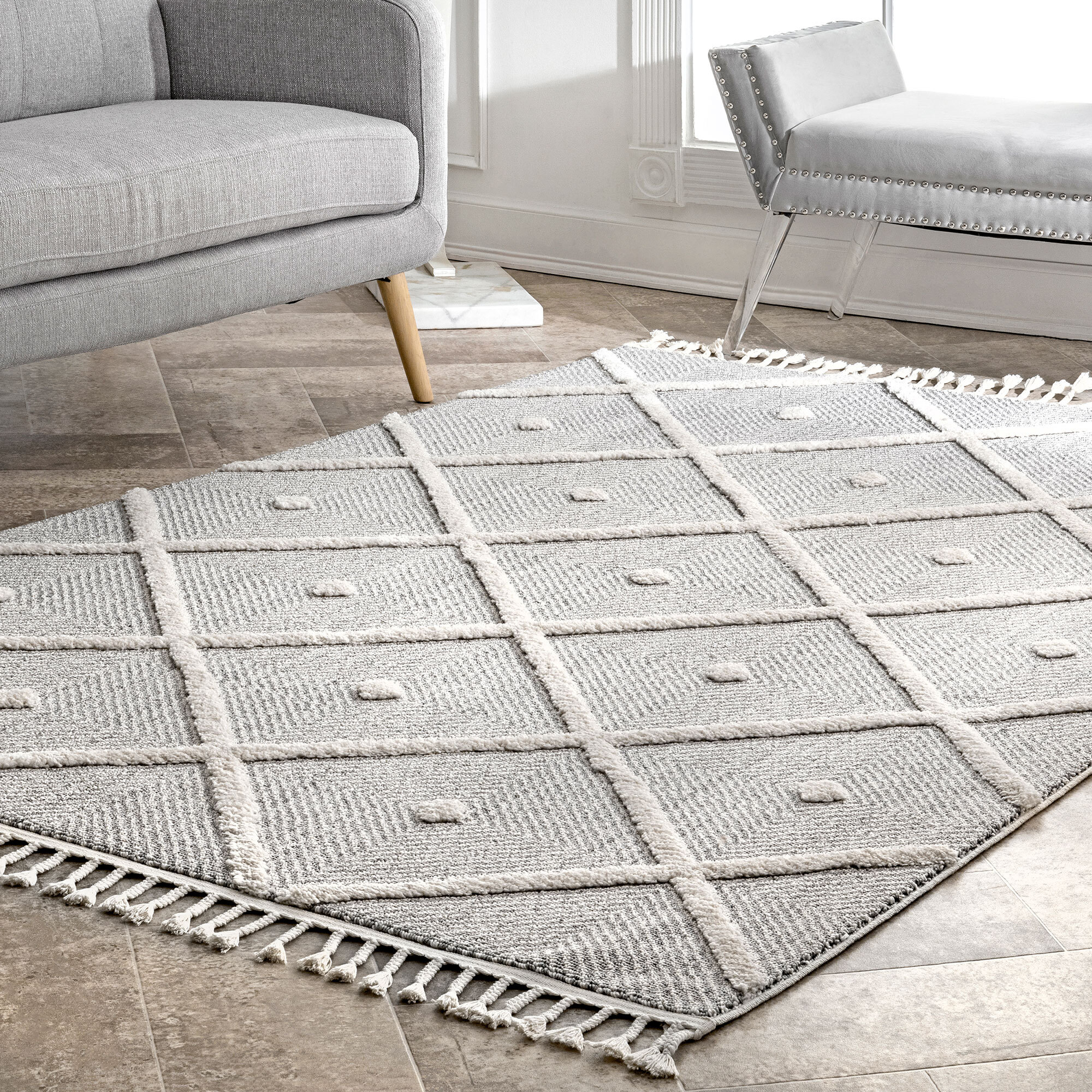 Large View Aroma Grey Moroccan Fringed Rug