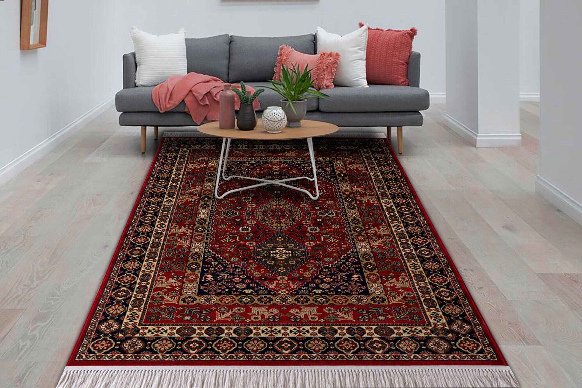 Large View Afghan Traditional Red Border Rug