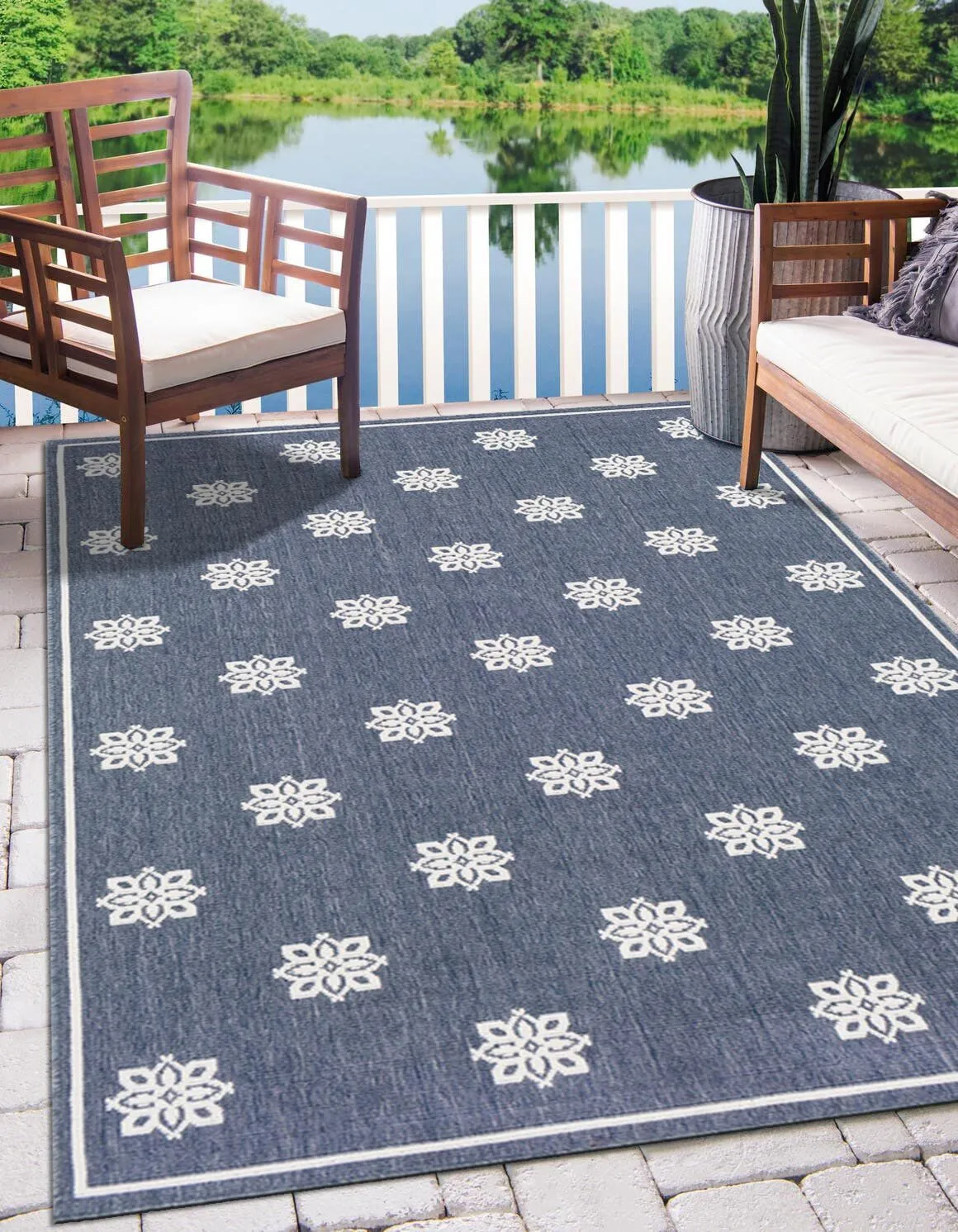 Large View Ambient Navy Floral Outdoor Rug