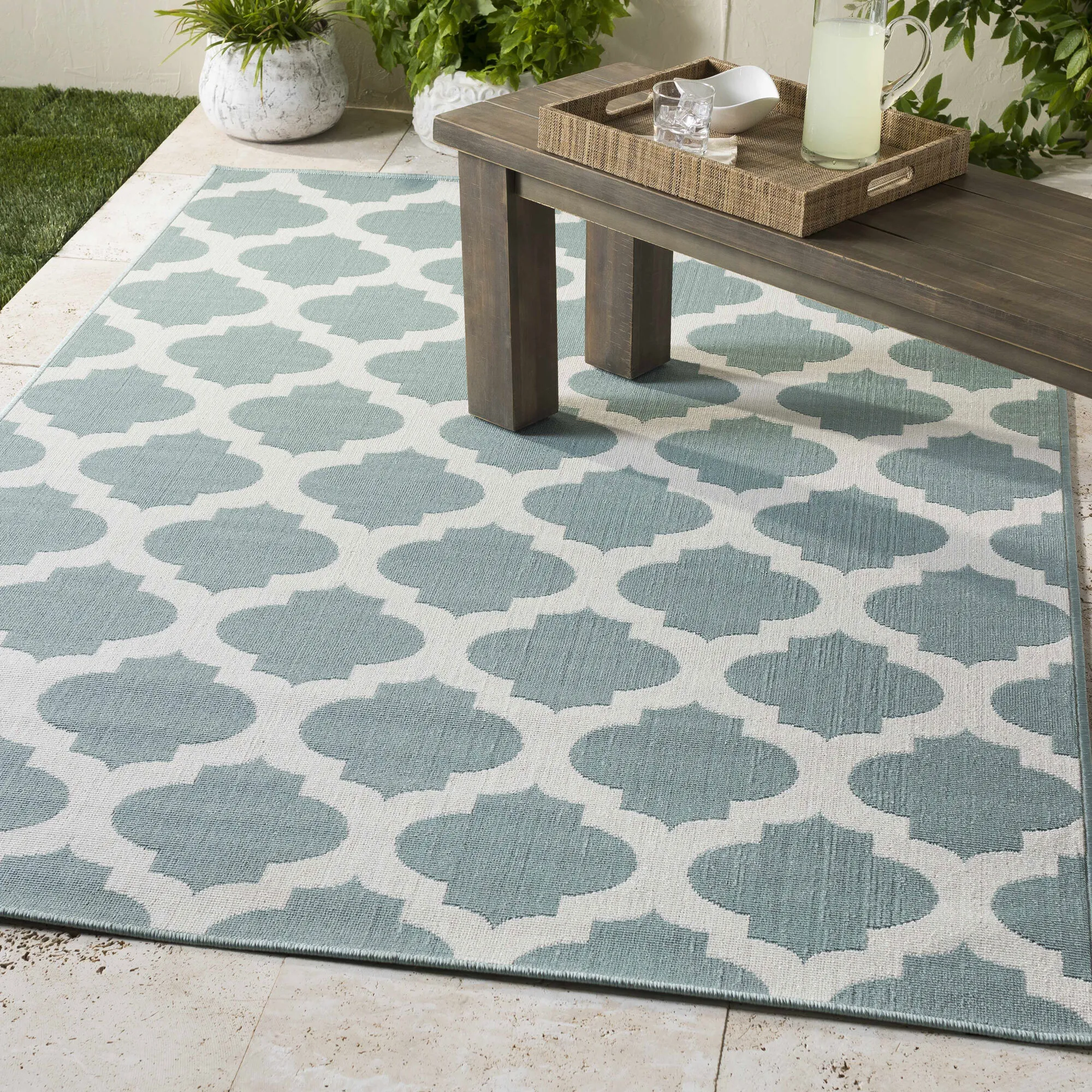 Large View Ambient Teal Trellis Outdoor Rug