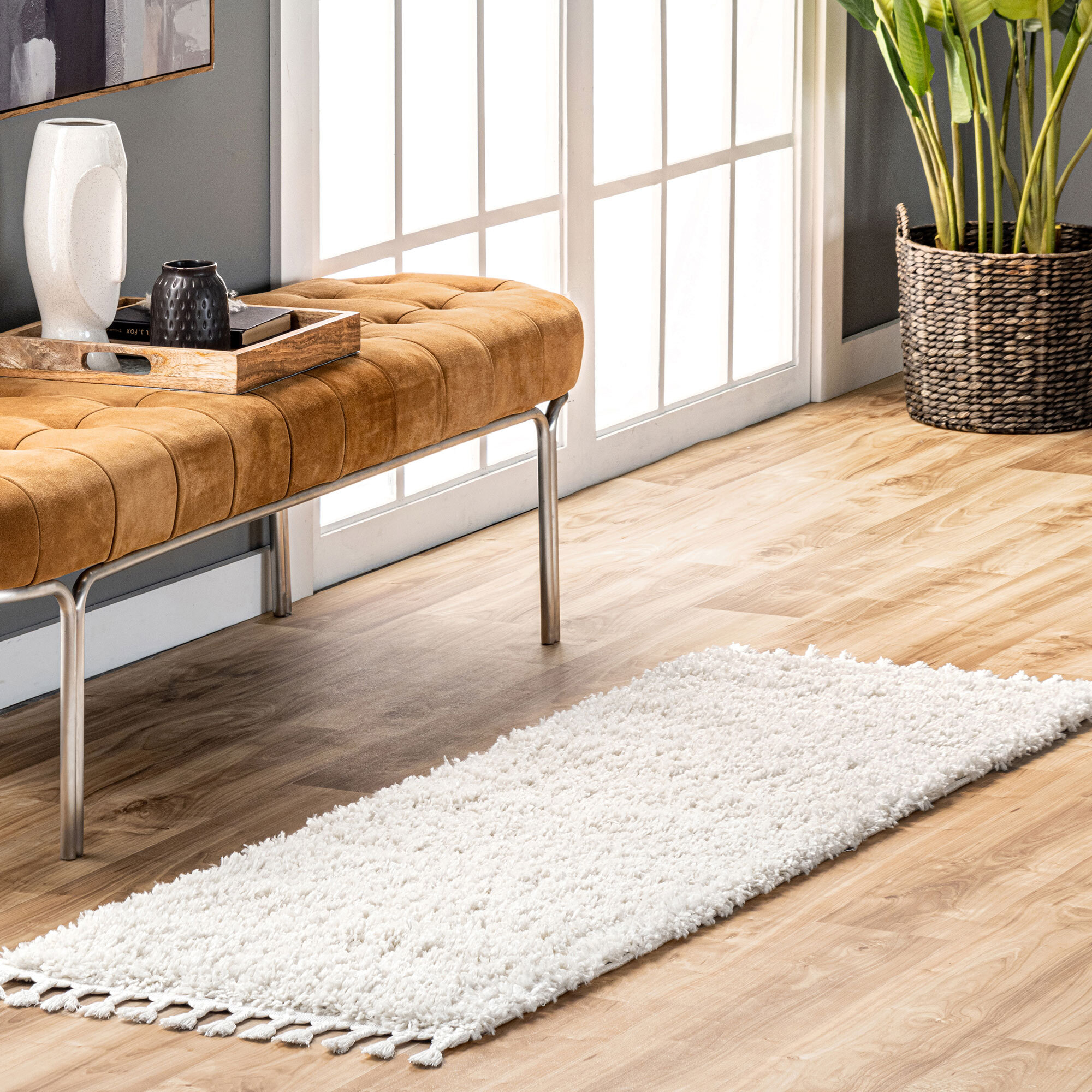 Large View Joey Cream Shaggy Tassel Rug
