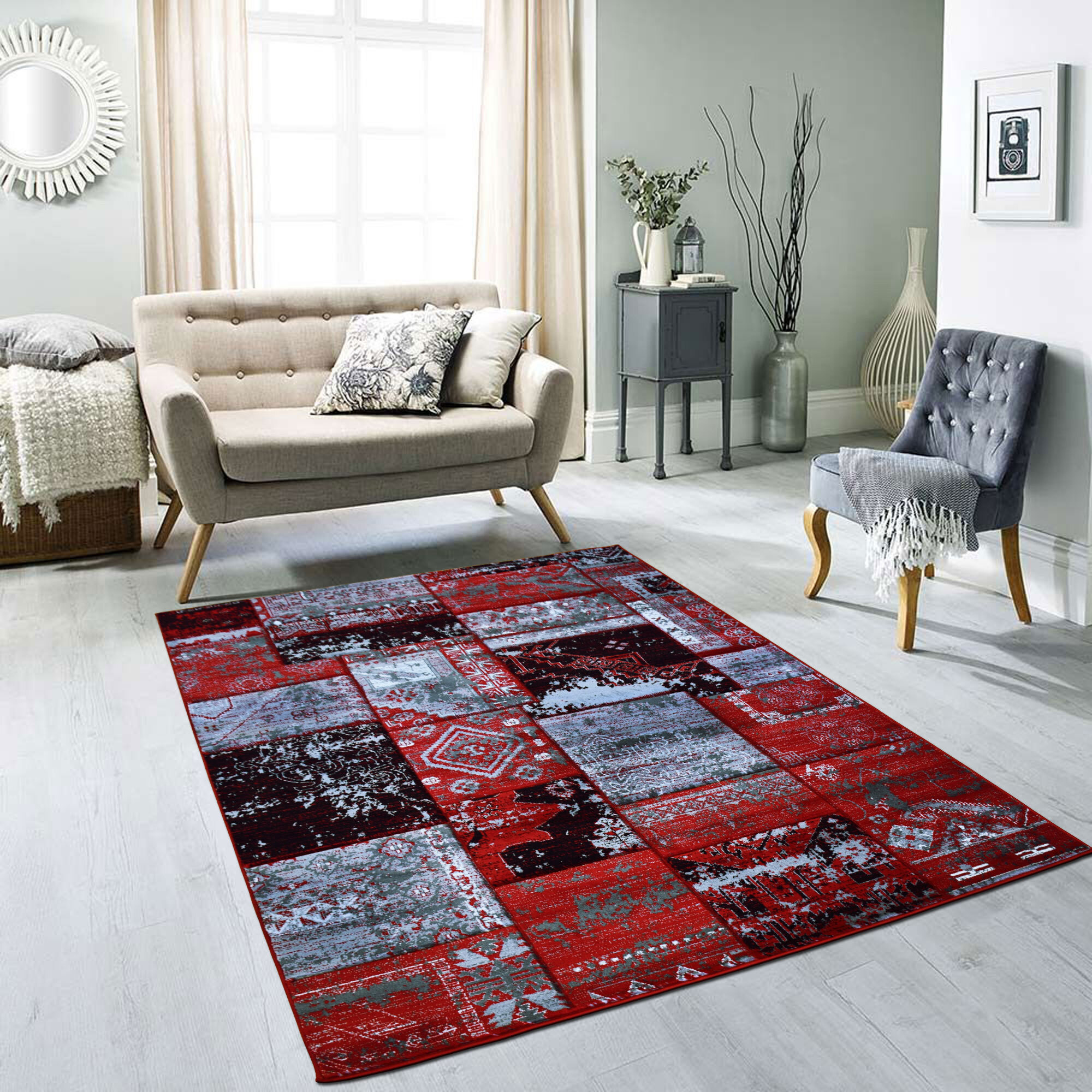 Large View Paris Carved Red Patchwork Rug