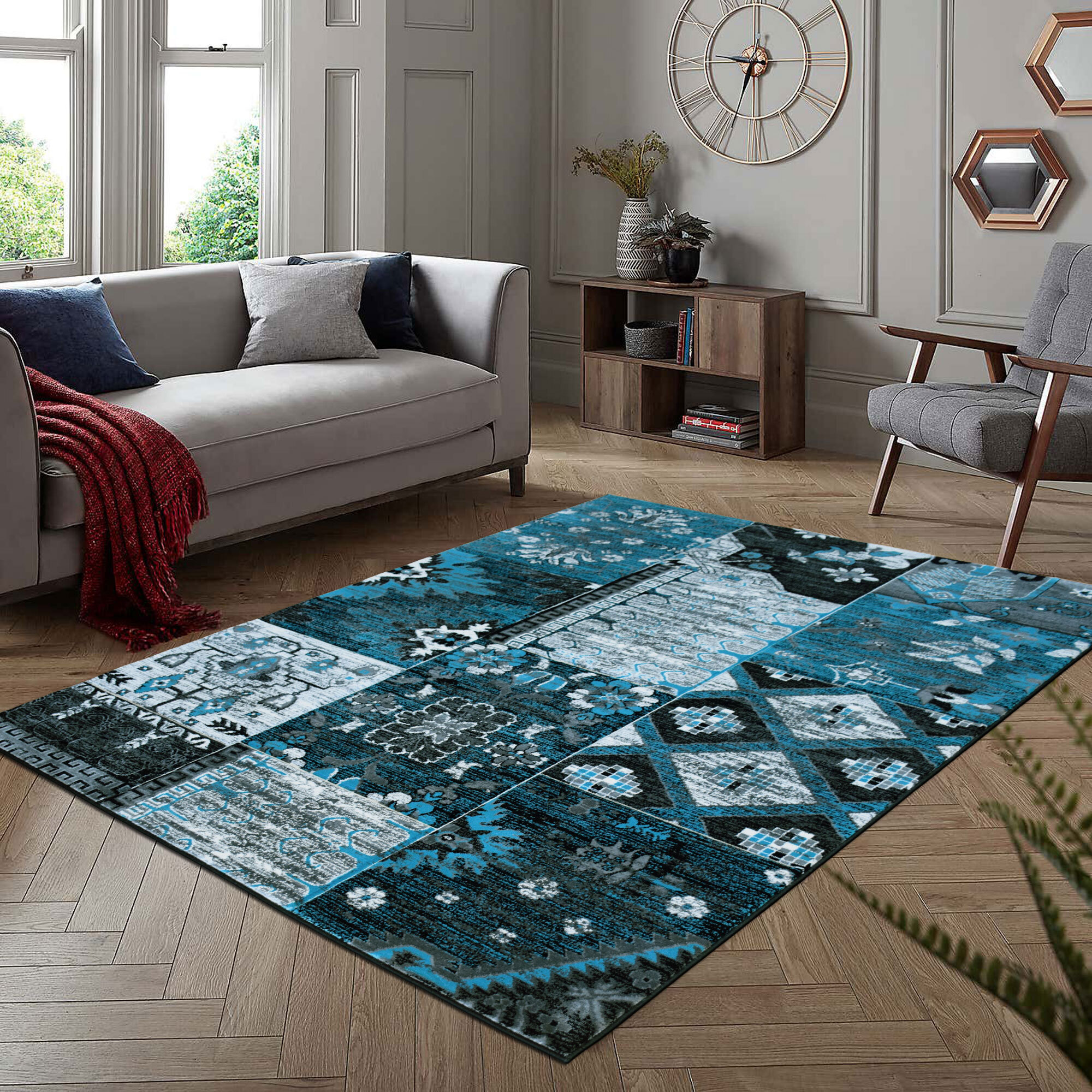 Large View Paris Carved Blue Patchwork Rug