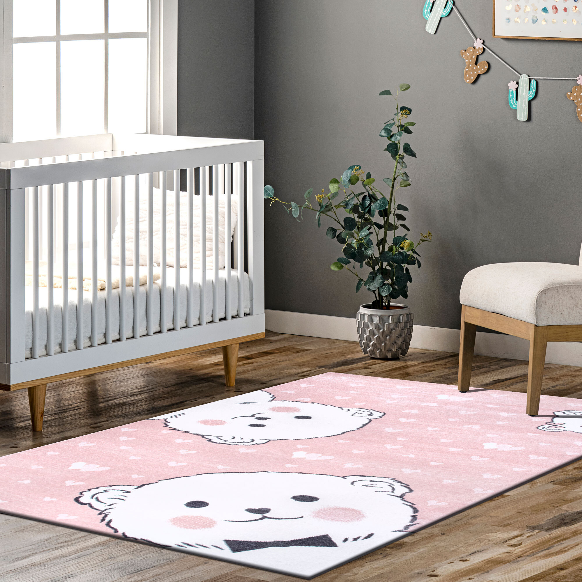 Large View Poppy Pink Teddy Bear Kids Rug