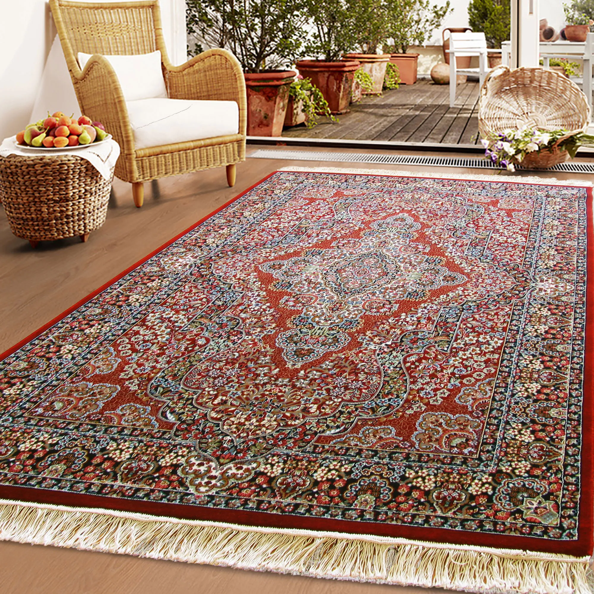 Tapis Red Traditional Fringed Rug