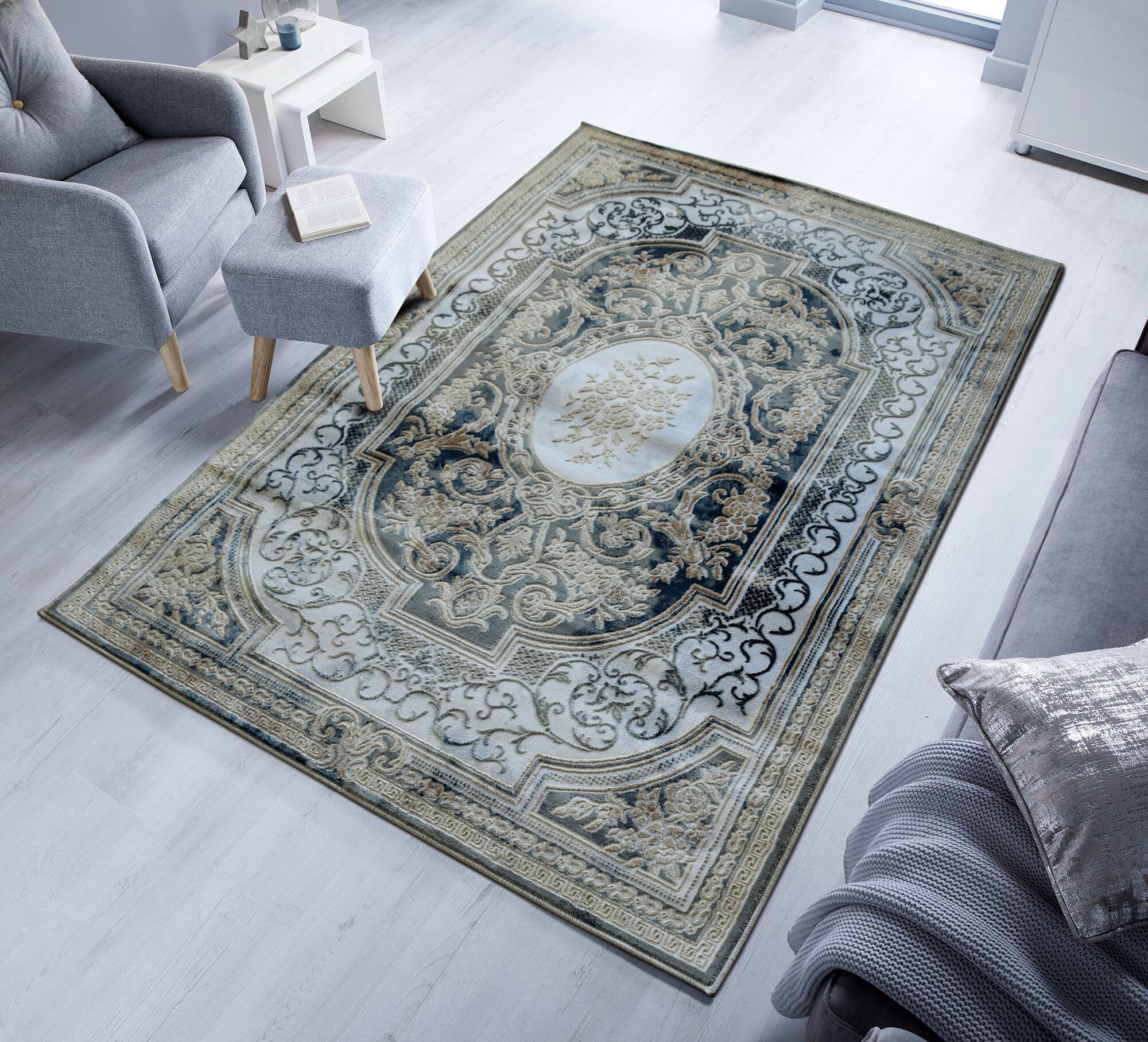 Large View Valentino Black French Floral Rug