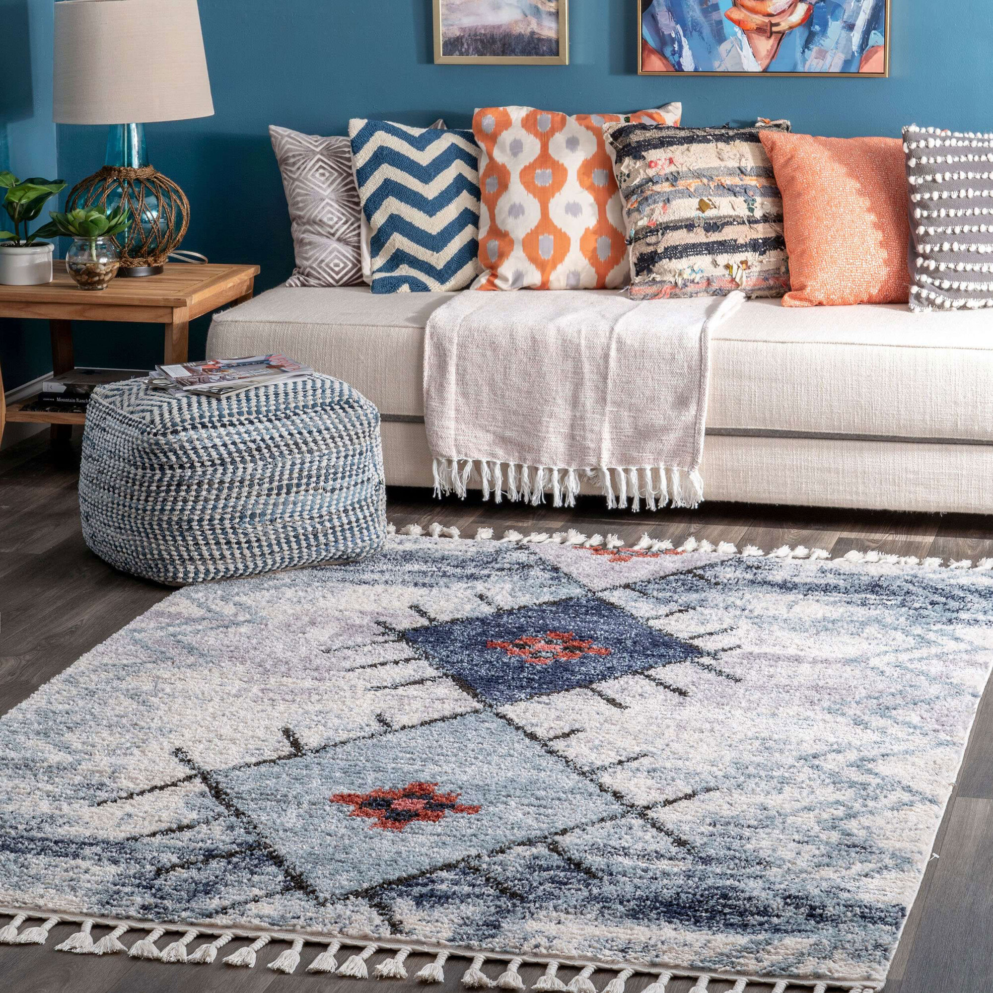Large View Amara Blue Moroccan Tassel Rug