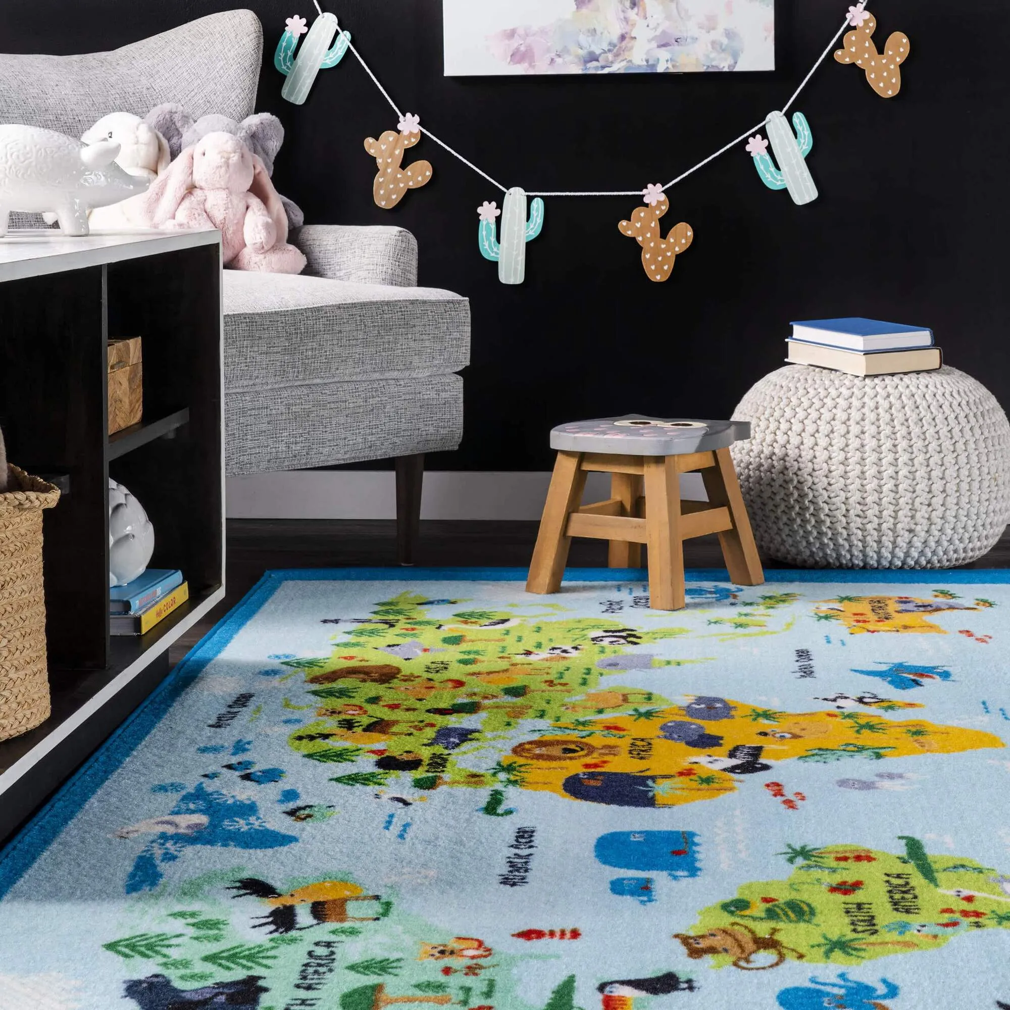 Large View Kids Blue World Map Rug