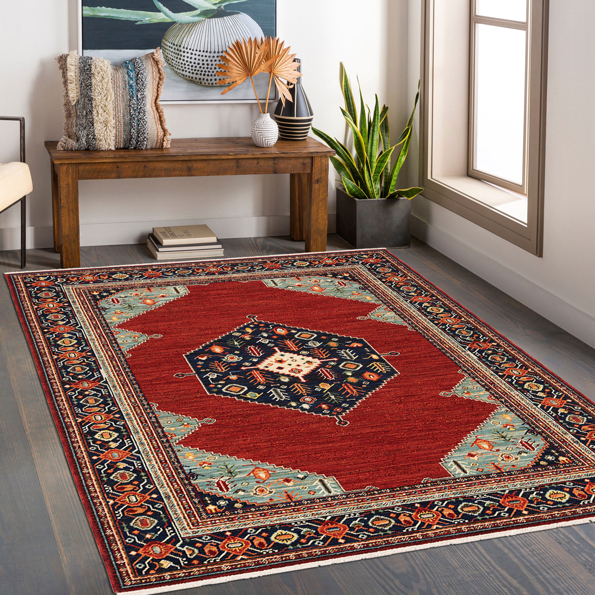 Large View Leah Medallion Fringed Wool Rug