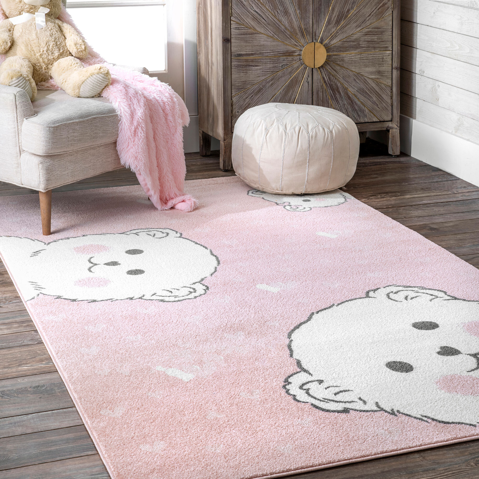 Large View Poppy Pink Teddy Bear Kids Rug