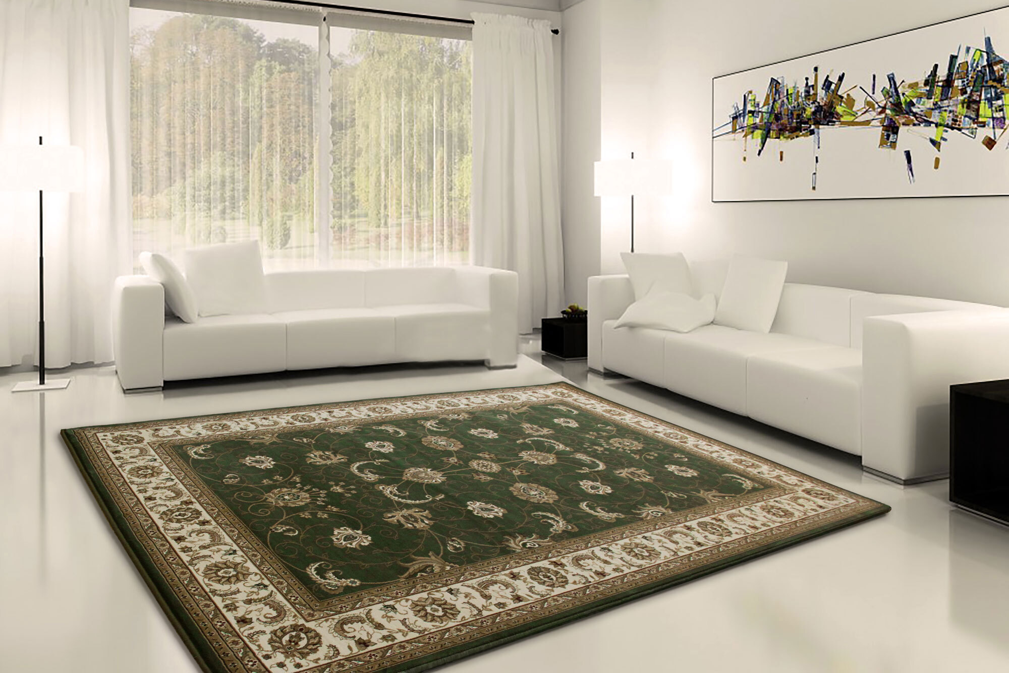 Large View Star Green Traditional Floral Rug