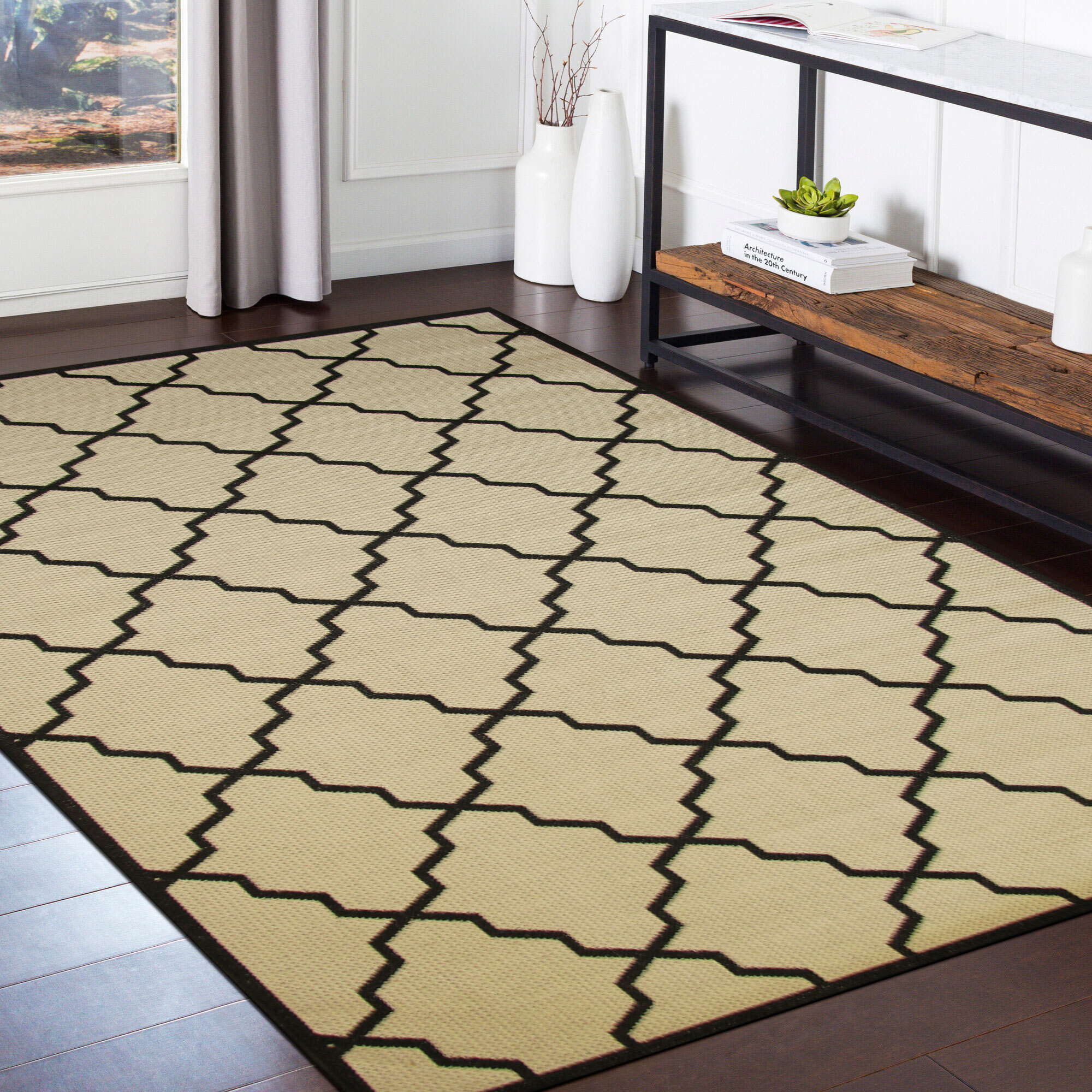 Large View Storm Ivory Trellis Flatweave Rug
