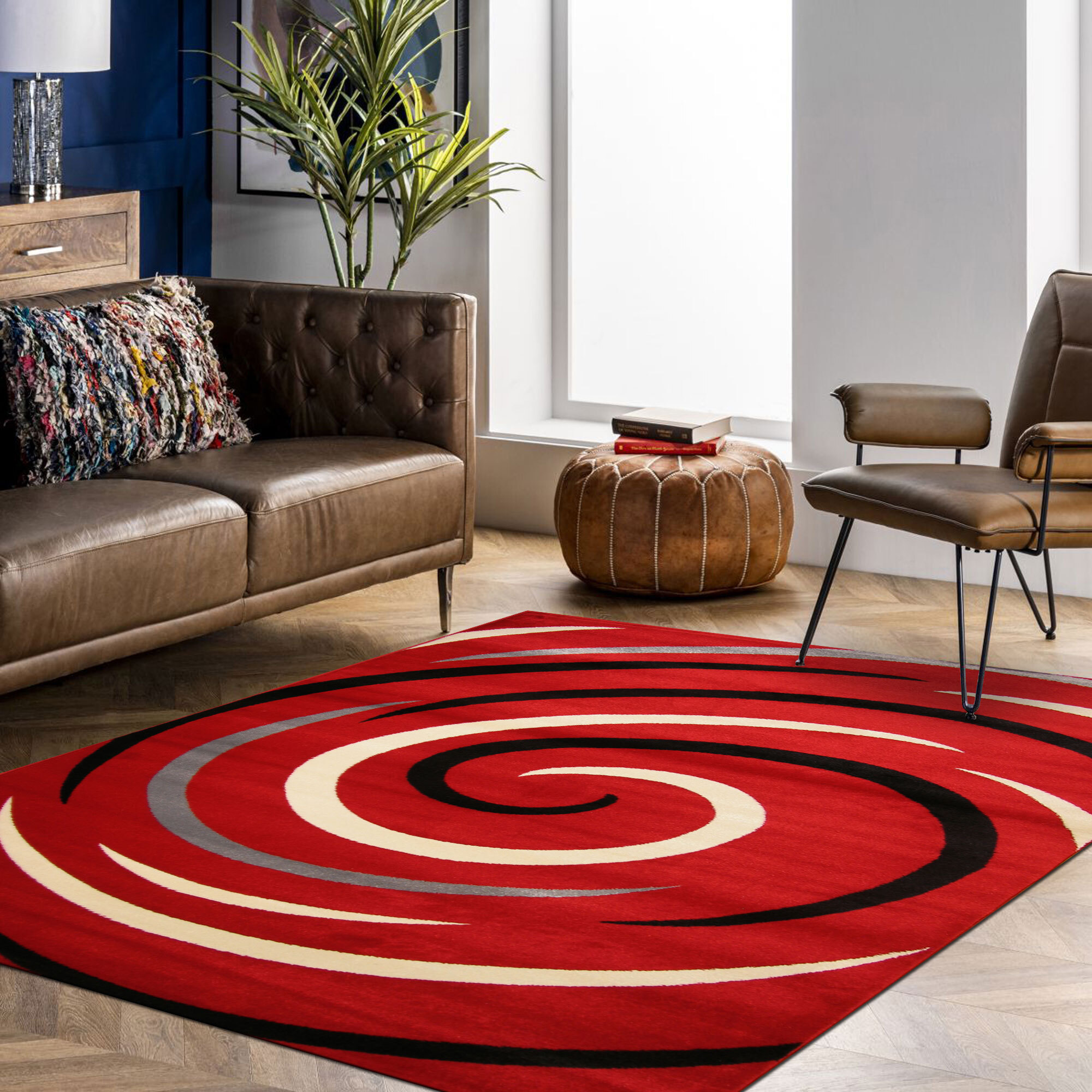 Large View Sky Modern Red Swirl Pattern Rug