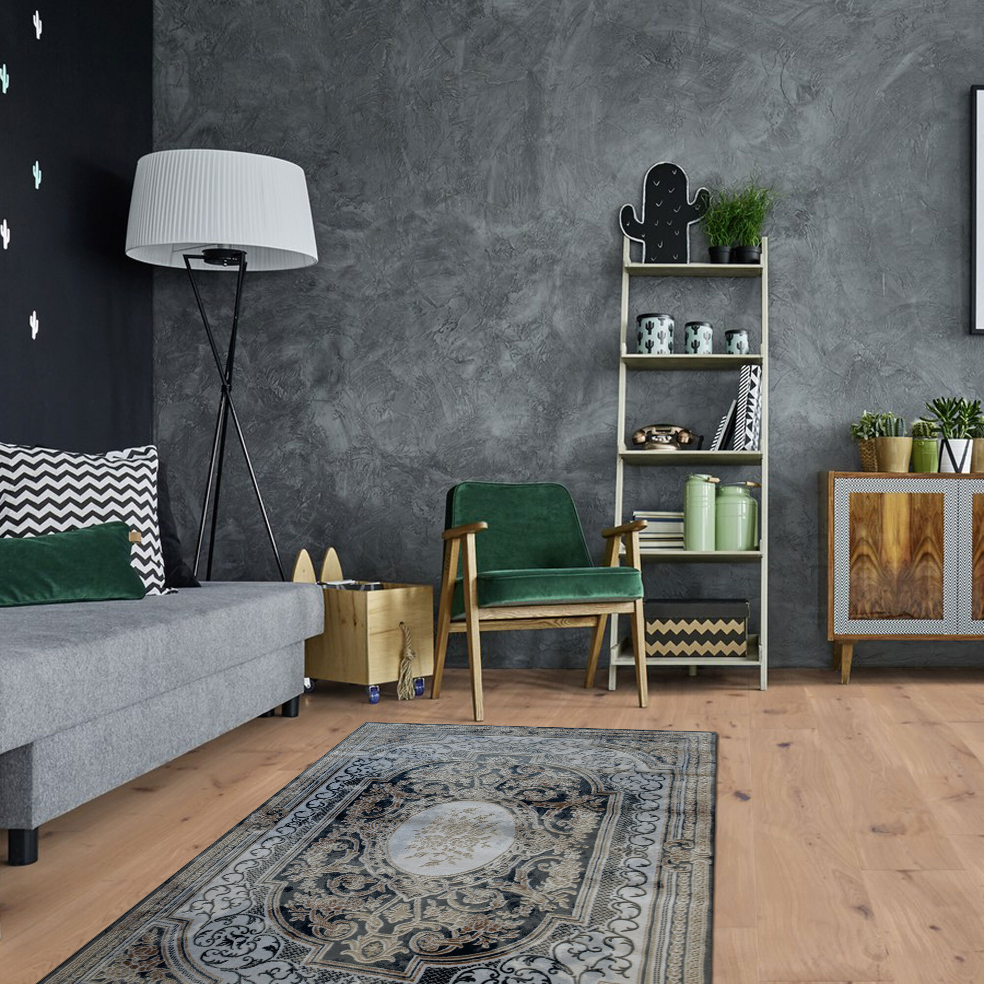 Large View Valentino Black French Floral Rug