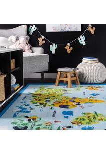 Kids Blue World Map Rug