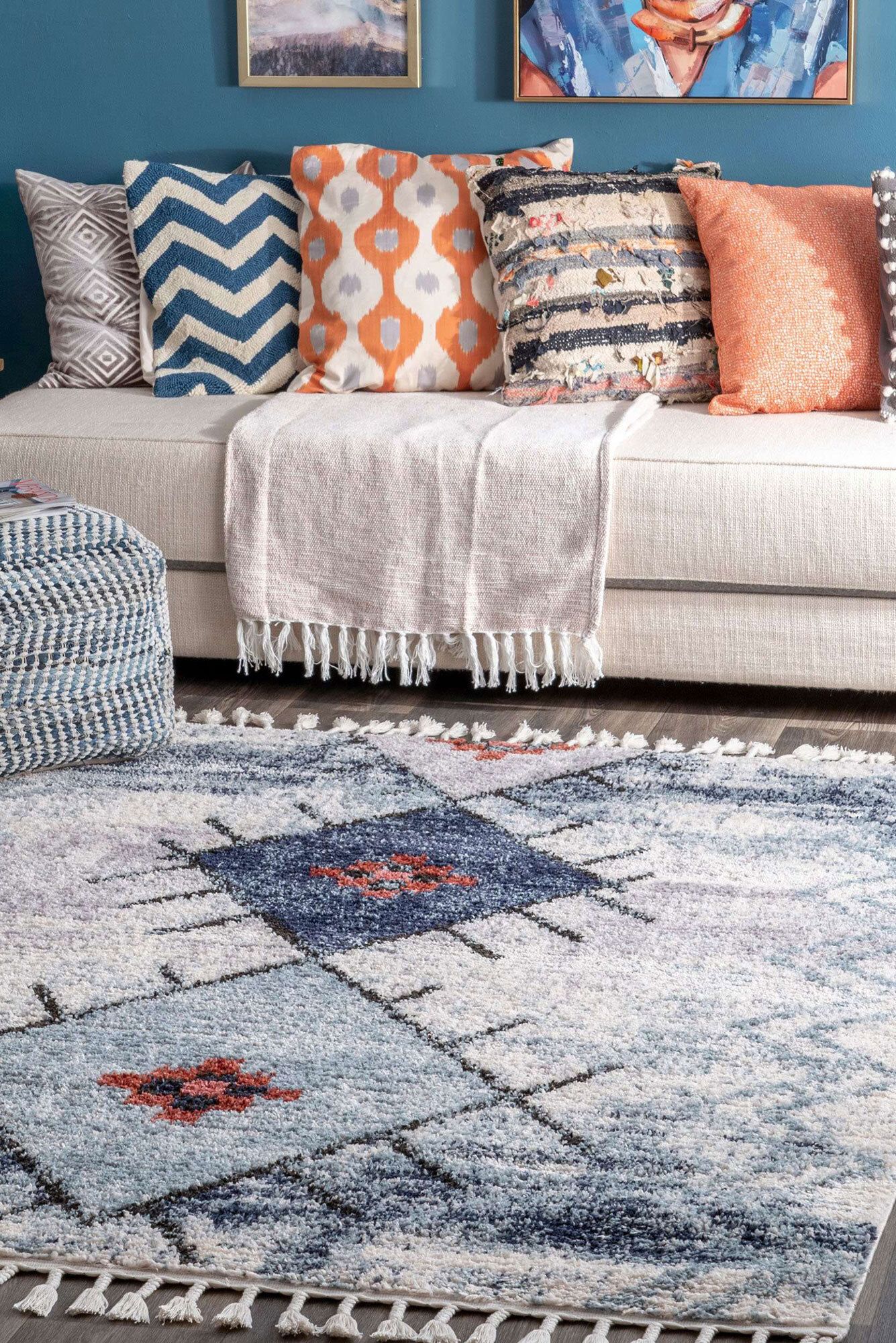 Large View Amara Blue Moroccan Tassel Rug(Size 170 x 120cm)