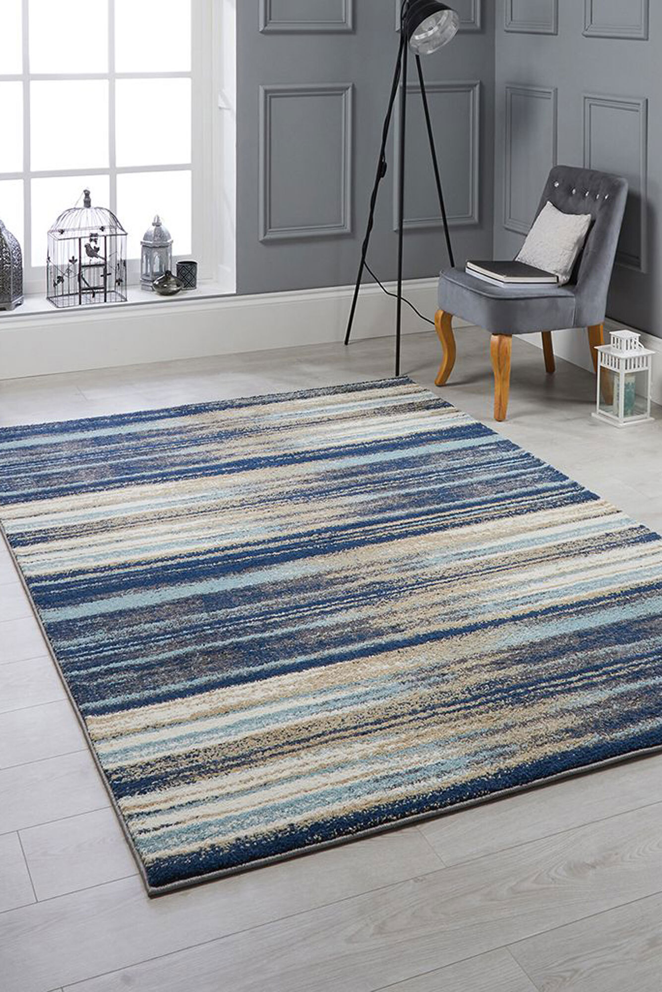 Large View Alex Blue Modern Striped Rug(Size 170 x 120cm)