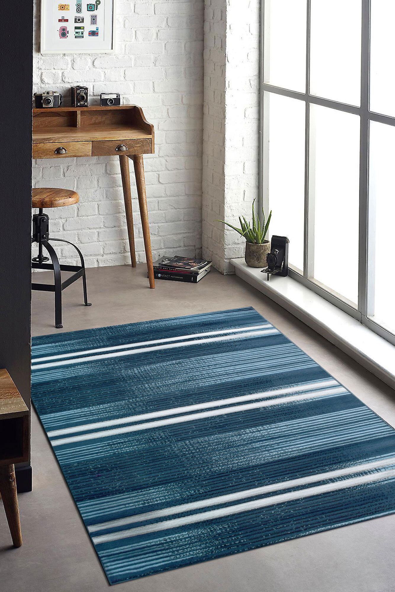 Large View Atlanta Blue Modern Striped Rug(Size 170 x 120cm)
