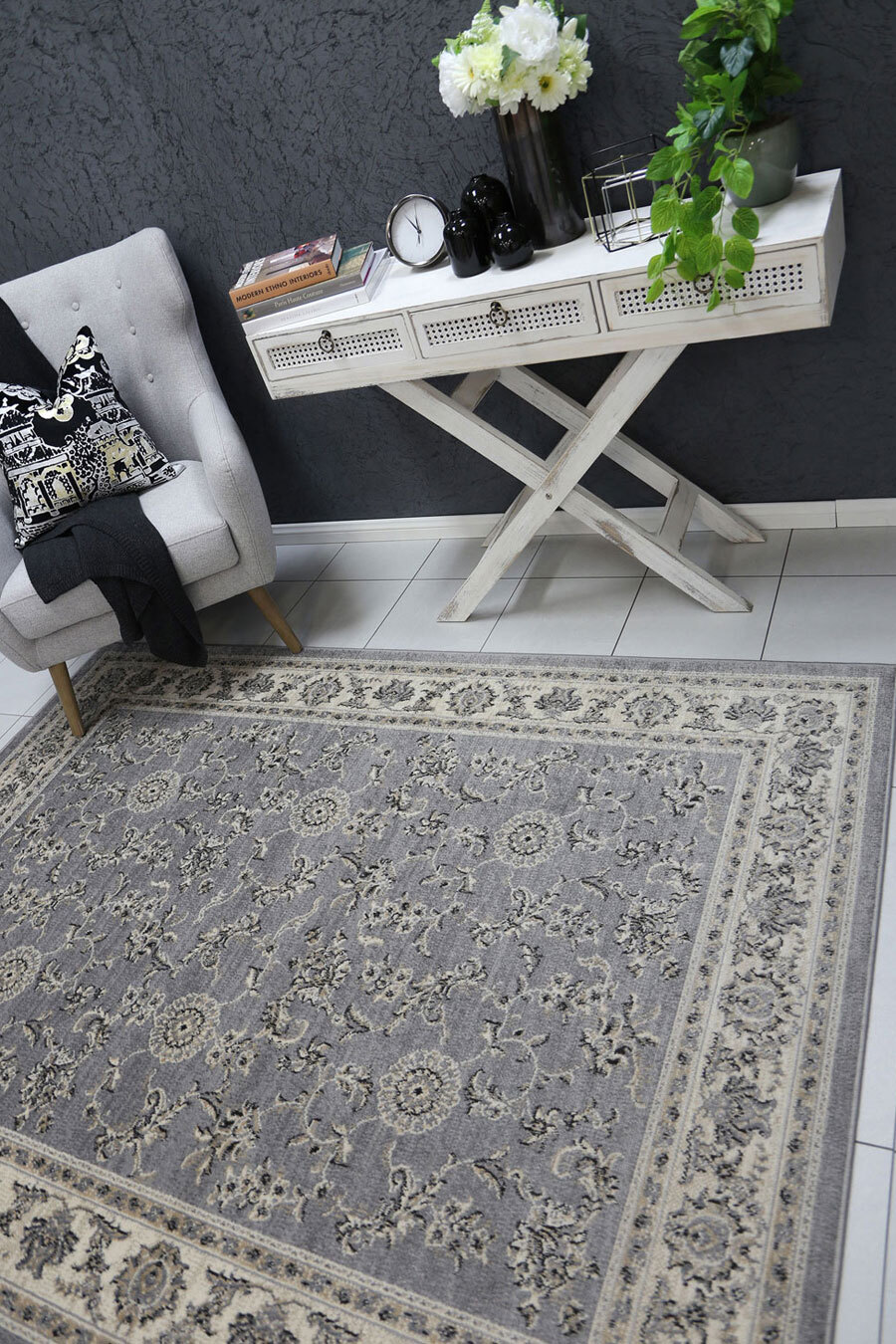 Alfred Grey Traditional Floral Rug(Size 220 x 160cm)