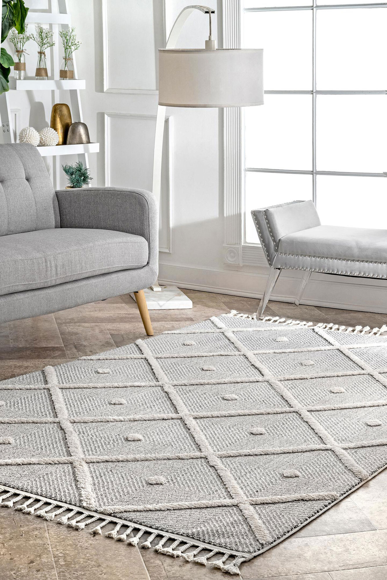 Large View Aroma Grey Moroccan Fringed Rug(Size 230 x 160cm)