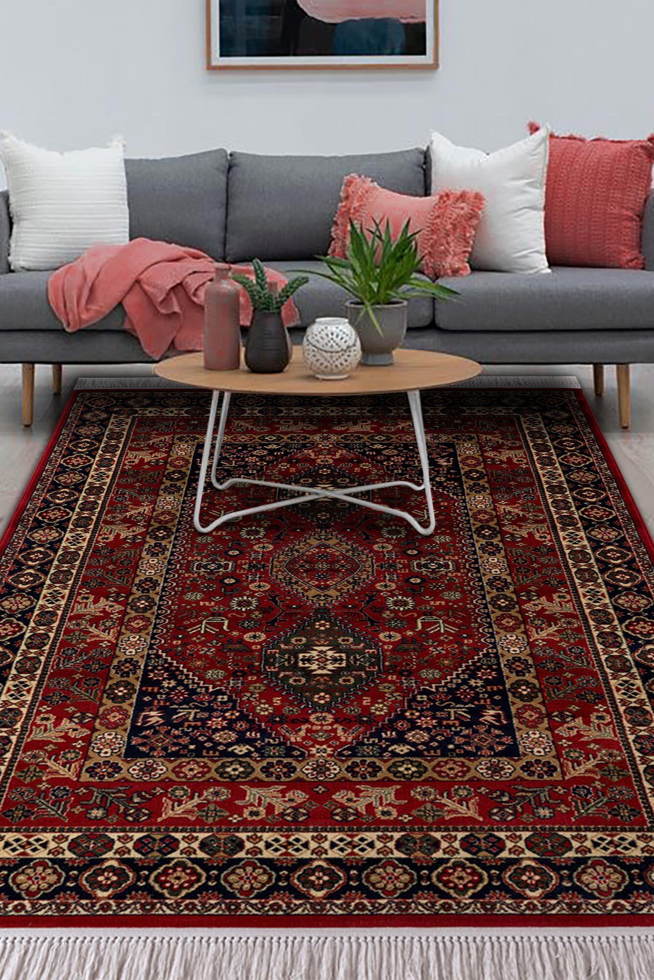 Large View Afghan Traditional Red Border Rug(Size 170 x 120cm)
