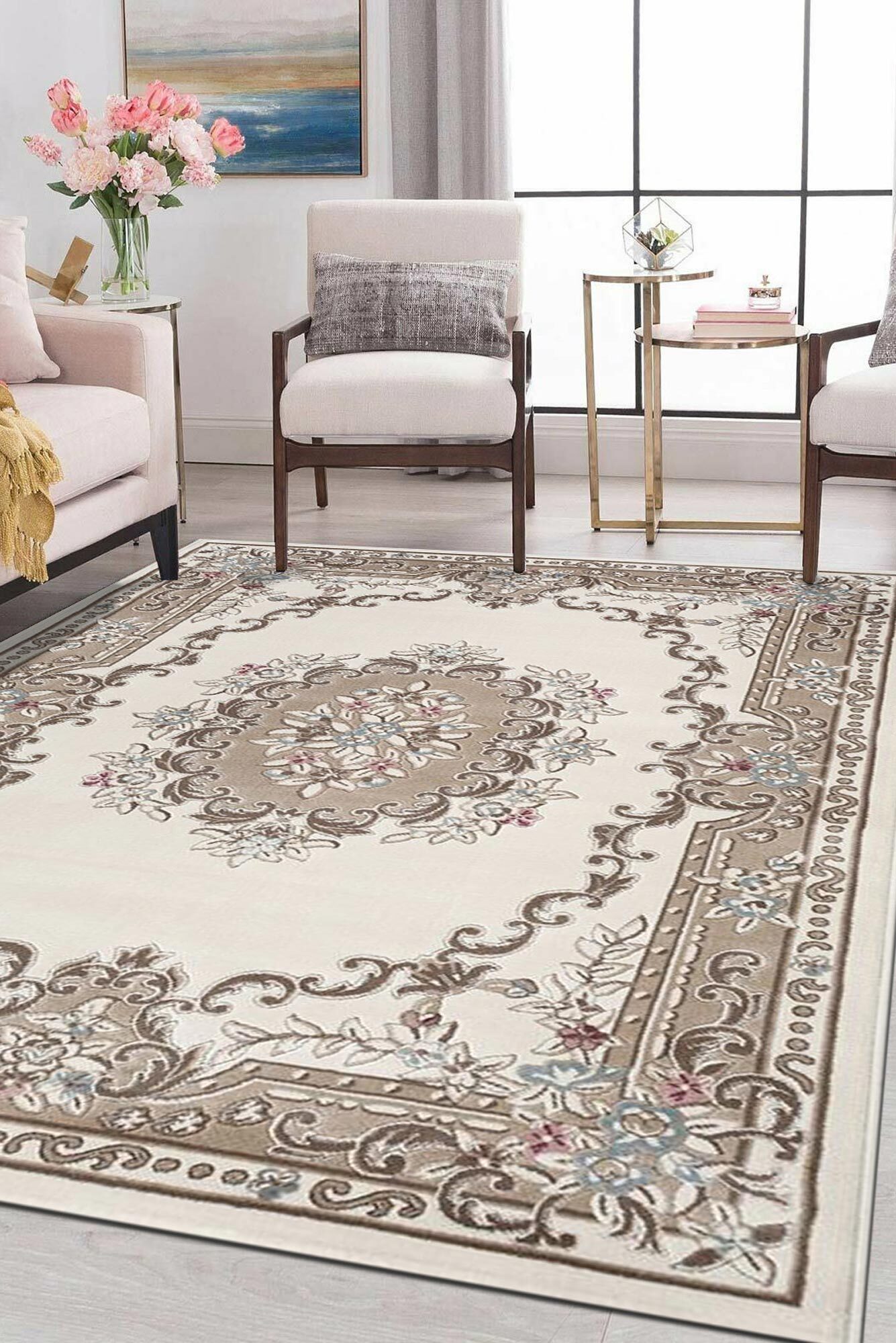 Abbie Cream Aubusson Floral Rugs(Size 170 x 120cm)