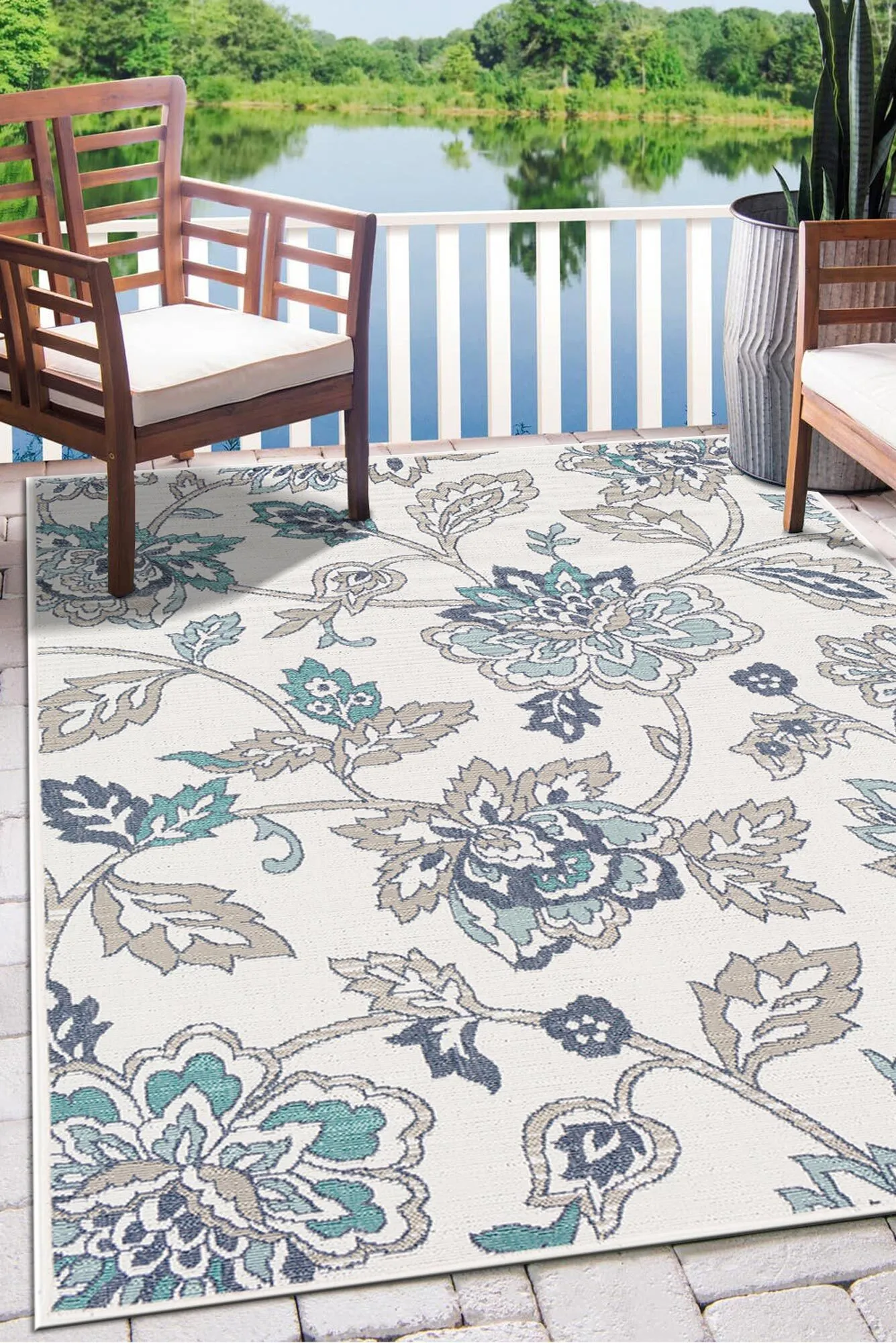 Ambient Floral Ivory Outdoor Rug(Size 230 x 67cm) RUNNER