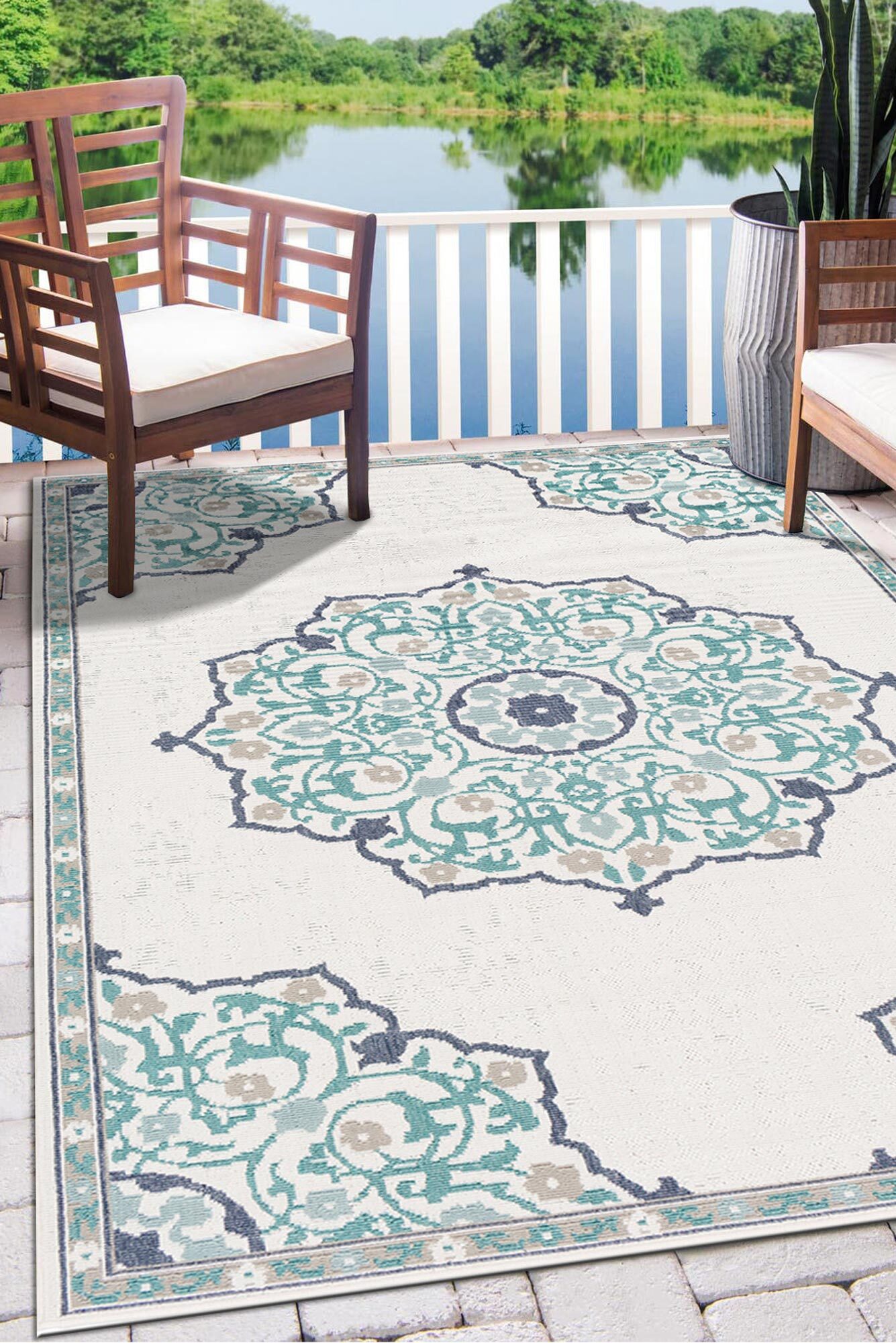 Large View Ambient Ivory Floral Outdoor Rug(Size 170 x 120cm)