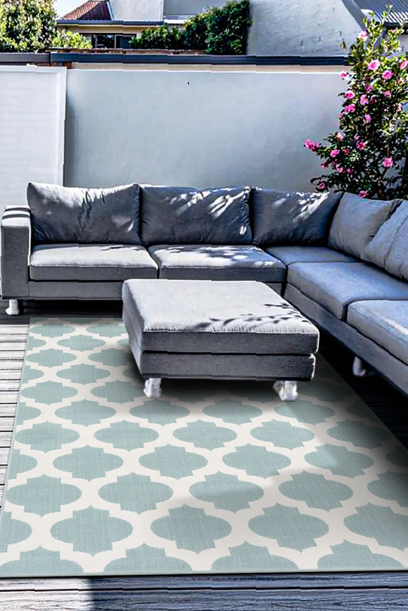 Large View Ambient Teal Trellis Outdoor Rug(Size 230 x 67cm) RUNNER