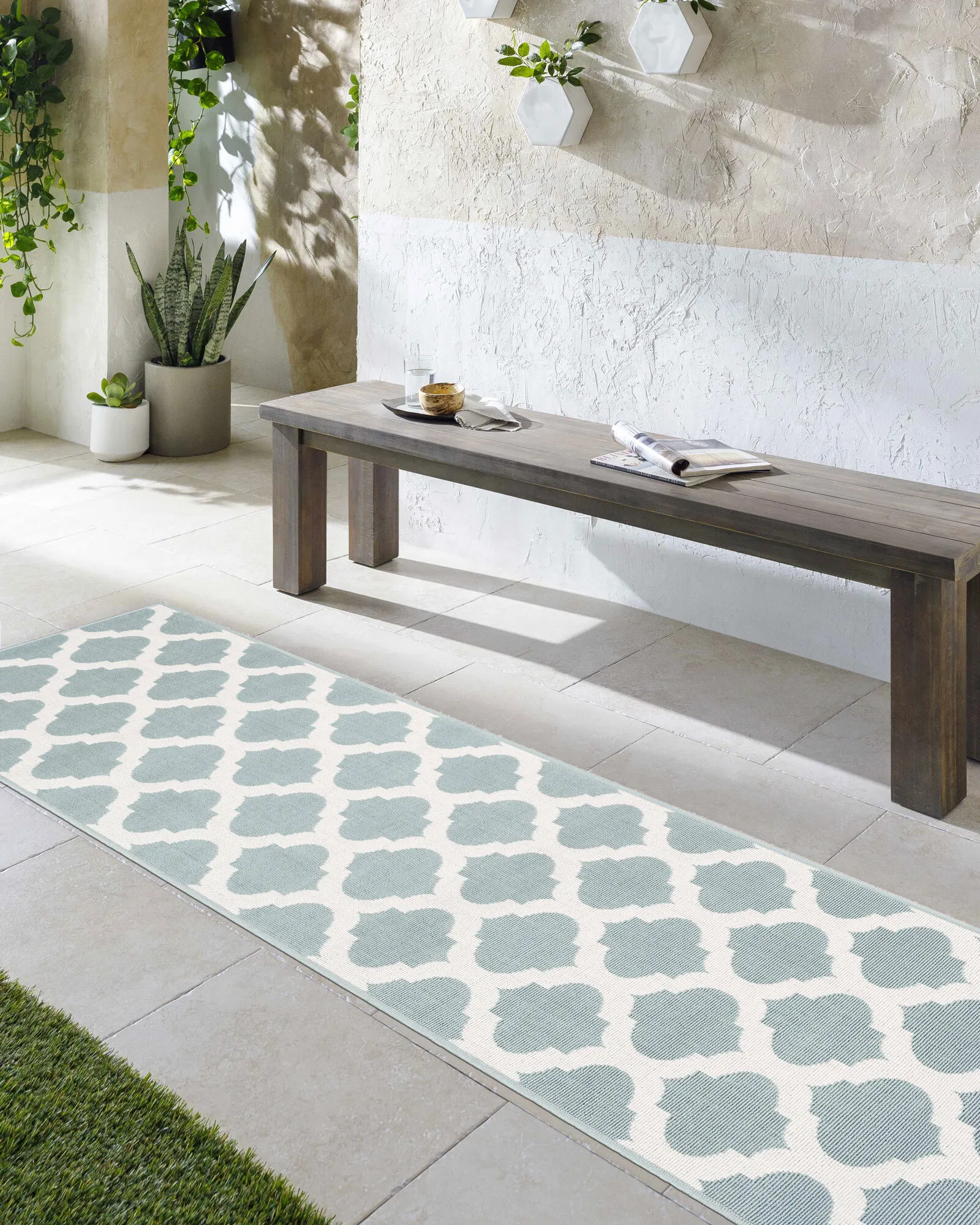 Large View Ambient Teal Trellis Outdoor Rug
