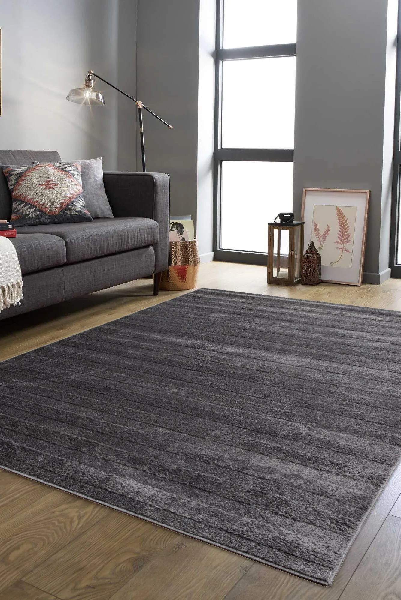 Large View Austin Plain Charcoal Striped Rug(Size 300 x 80cm) RUNNER