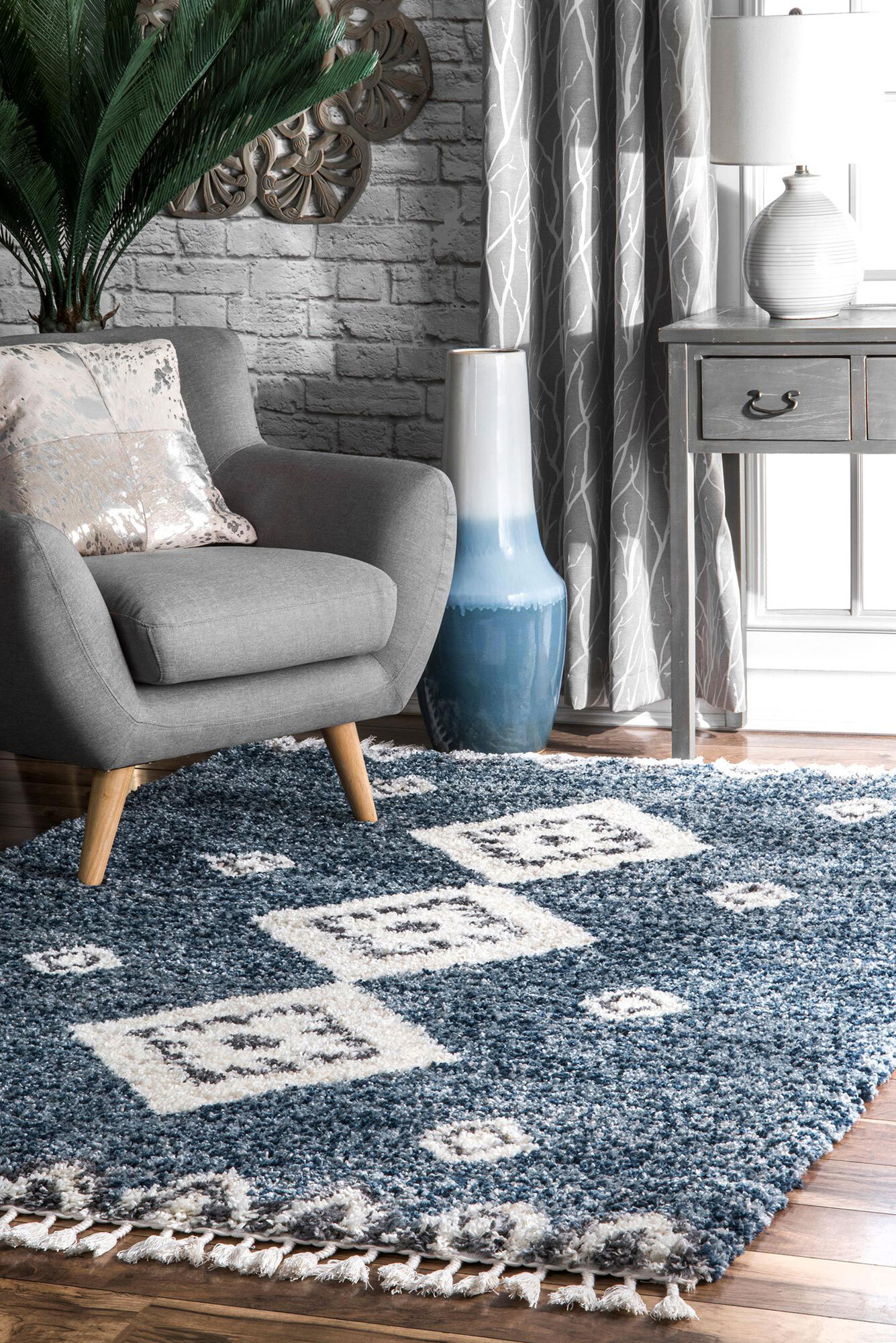 Large View Charles Blue Moroccan Shaggy Rug(Size 170 x 120cm)