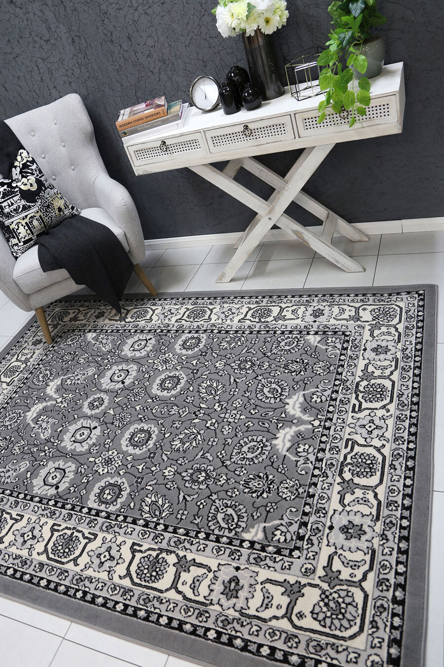 Emma Grey Traditional Floral Rug(Size 230 x 160cm)