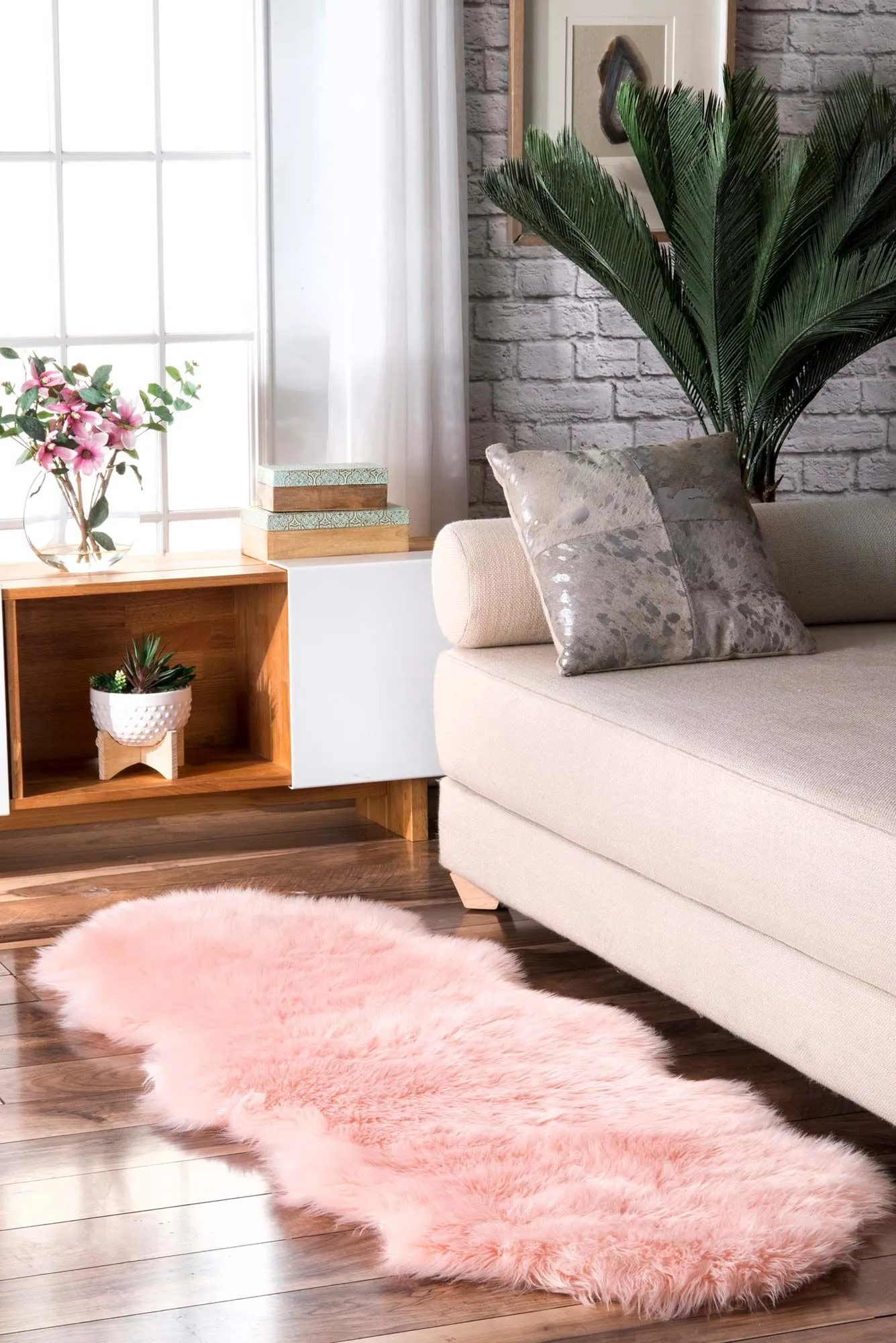 Large View Fluffy Pink Fur Faux Sheepskin Rug(Size 100 x 60cm)