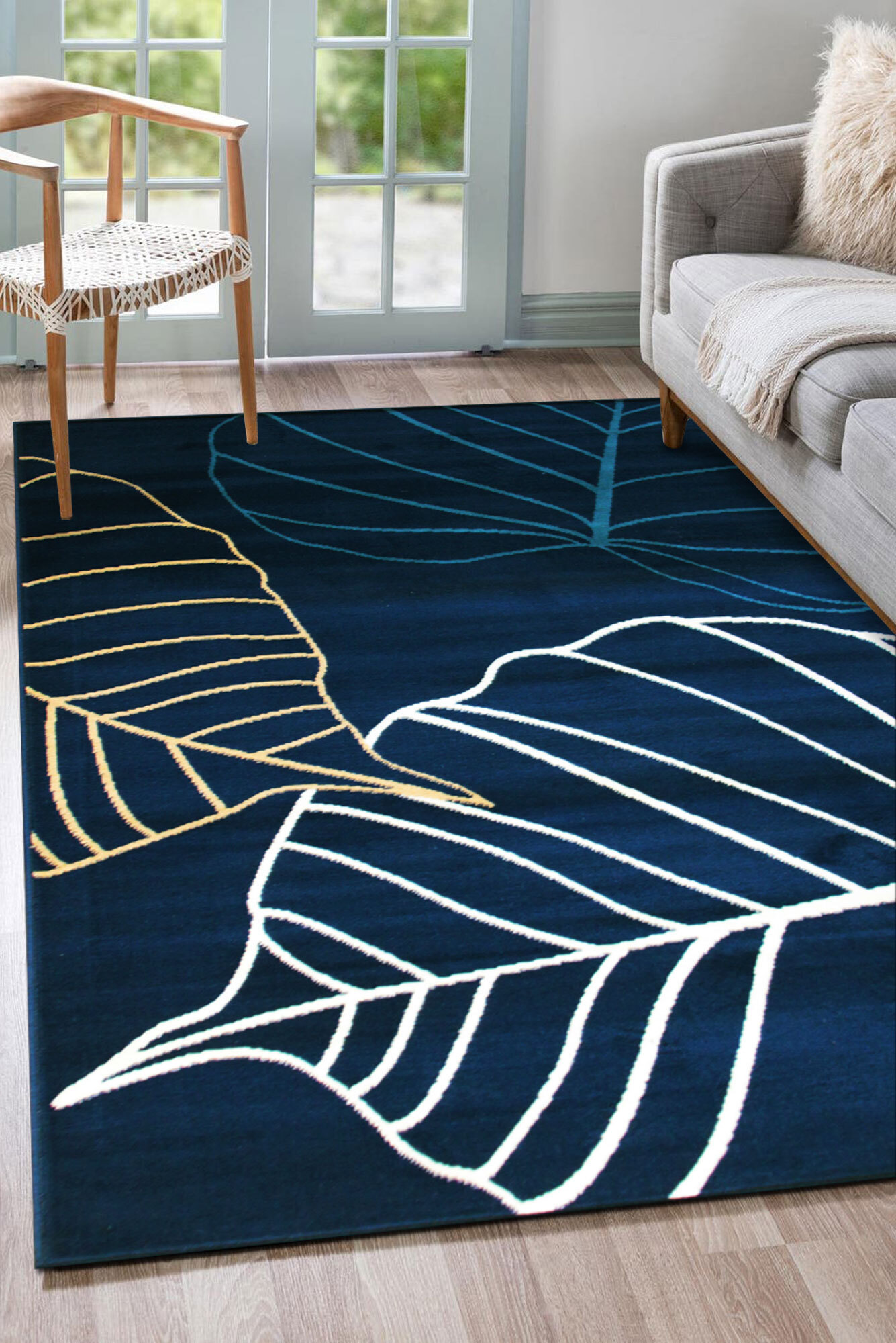 Large View Gil Modern Navy Leaf Pattern Rug(Size 170 x 120cm)